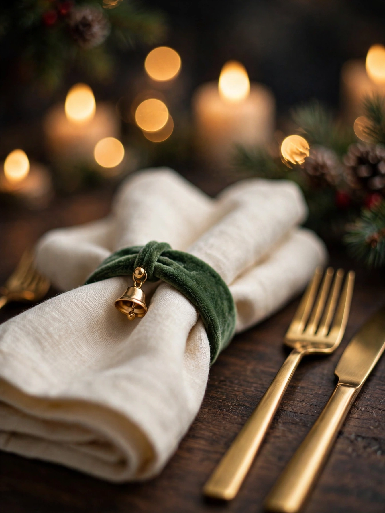 Cream linen napkins with green velvet napkin rings, a refined christmas dining table decor ideas 2026 place setting