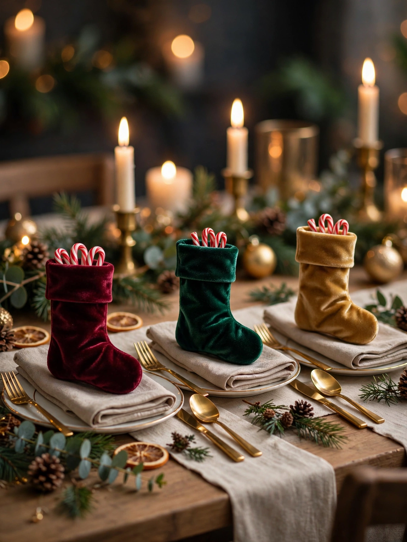 Miniature velvet stockings as guest favors at each setting, a delightful christmas dining table decor ideas 2026 touch