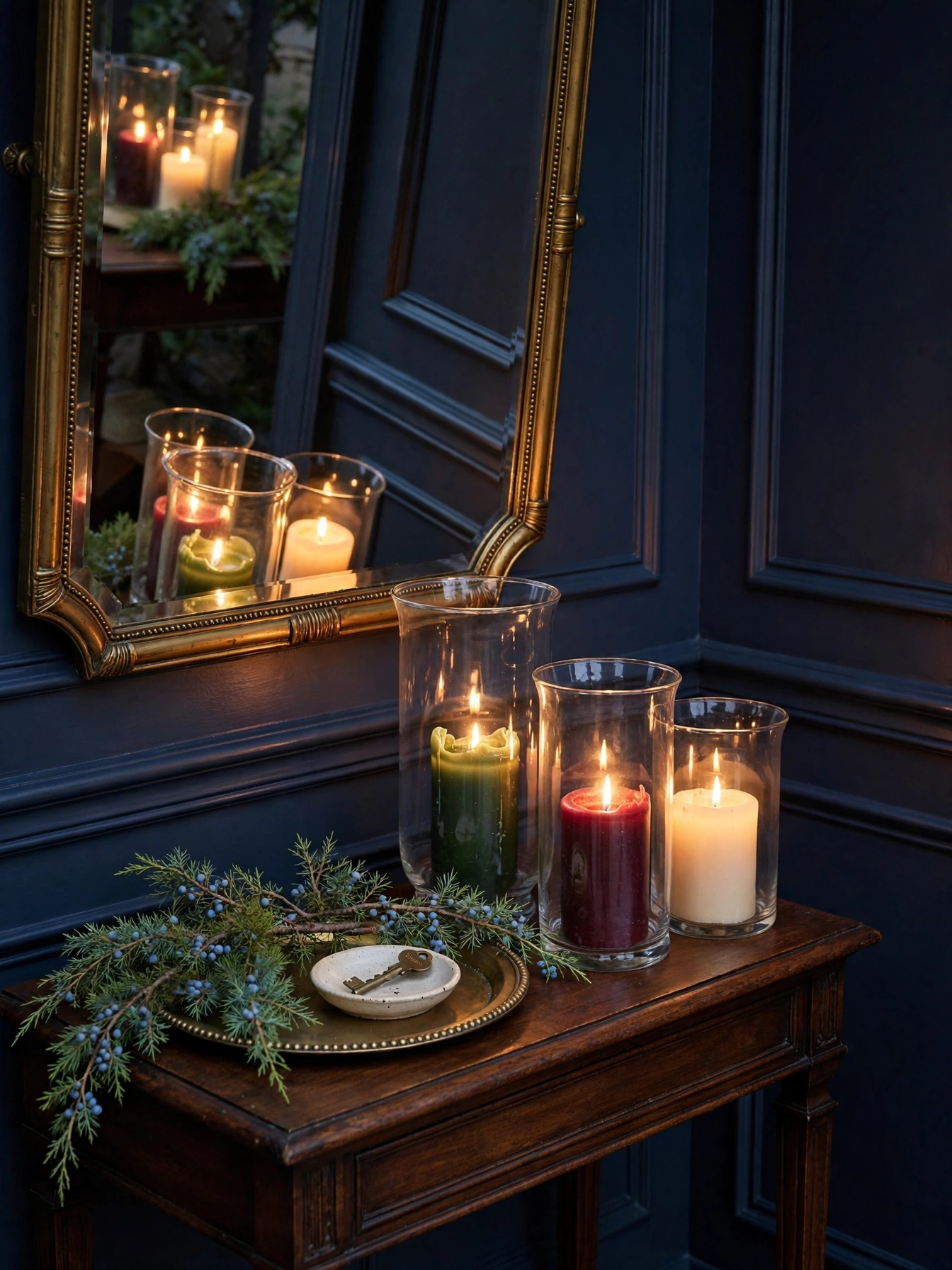 Christmas entryway table decor ideas 2026: pillar candles in cream, burgundy, and forest green glowing inside glass hurricanes on a dark wood console
