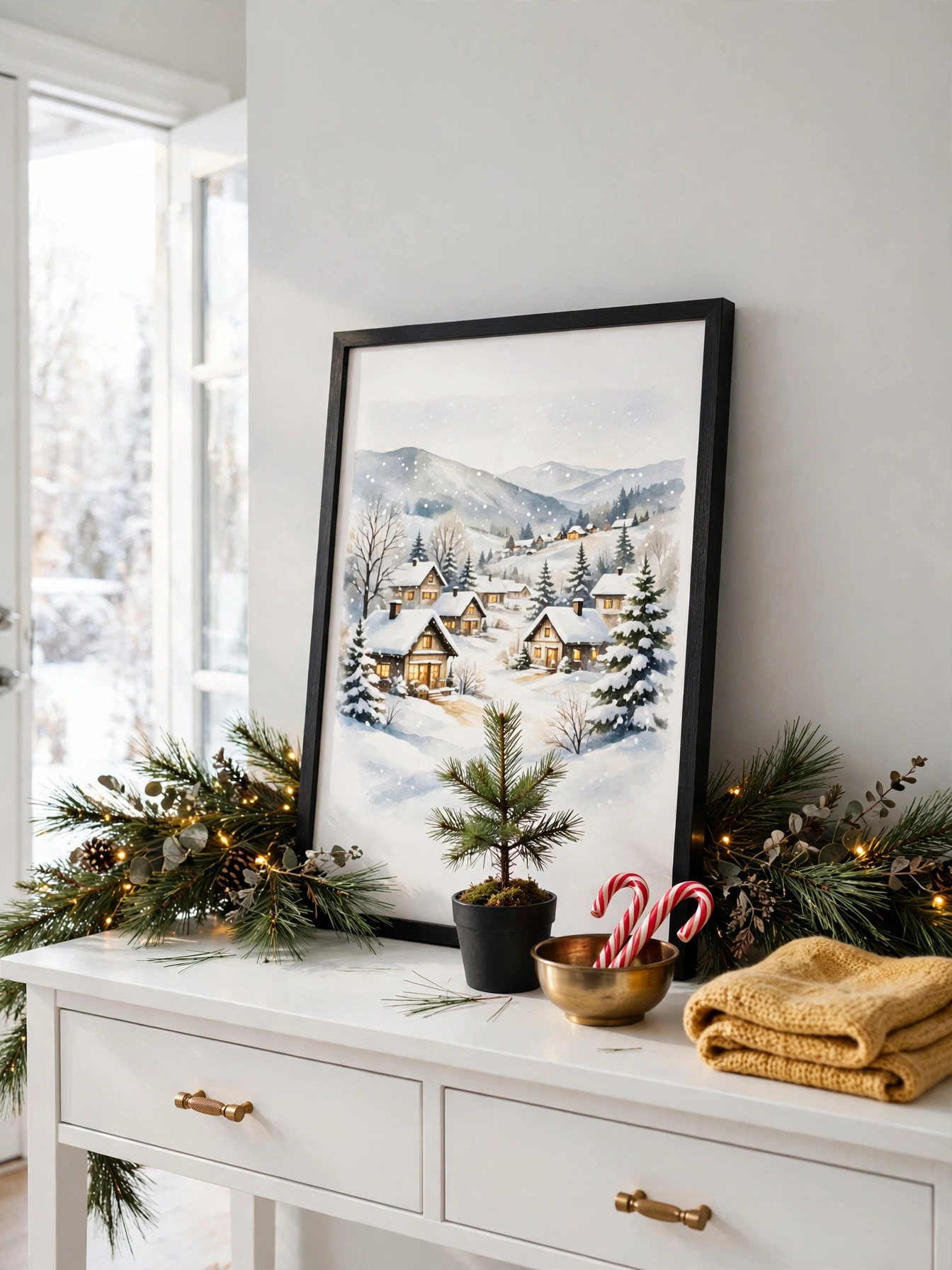 Christmas entryway table decor ideas 2026: framed print of a snowy village leaning on a white console beside a small potted pine seedling