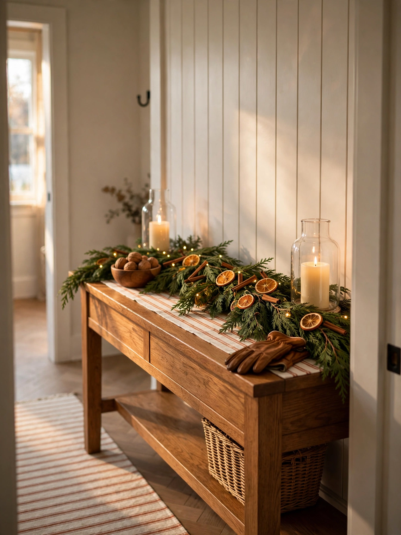 Christmas entryway table decor ideas 2026: cedar garland with micro lights running down an oak console beside cream pillar candles