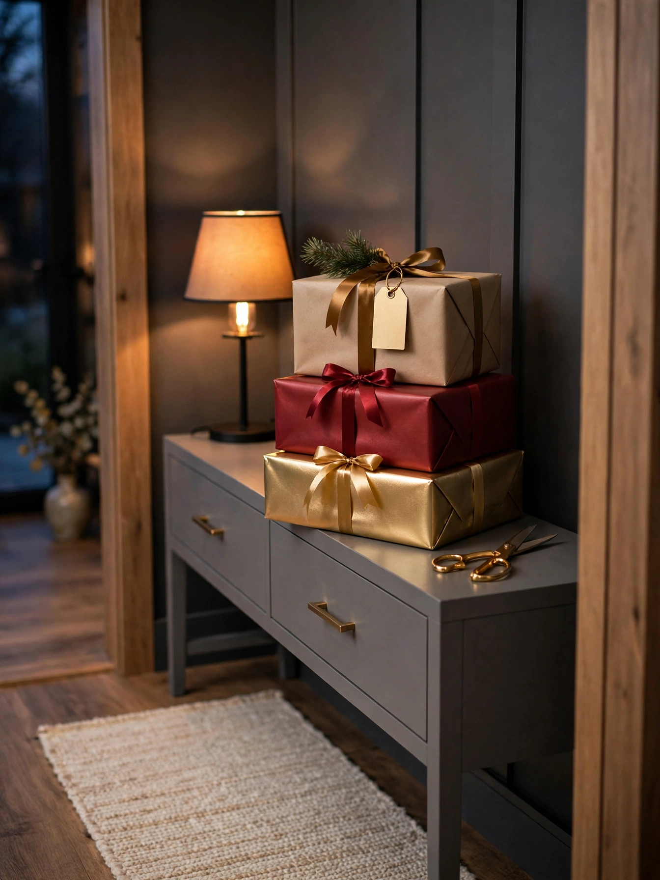 Christmas entryway table decor ideas 2026: stack of wrapped gift boxes in kraft, deep red, and gold paper with satin ribbons on a gray console