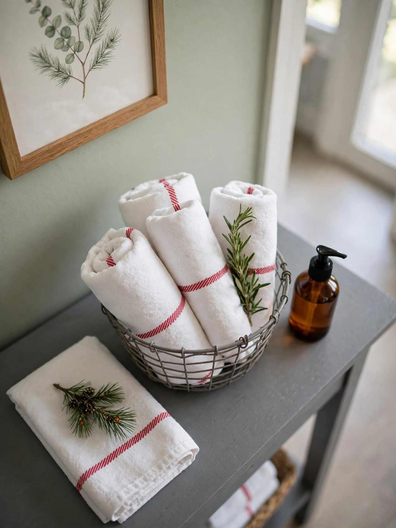 Christmas entryway table decor ideas 2026: wire basket holding rolled white guest towels with a rosemary sprig on a gray console