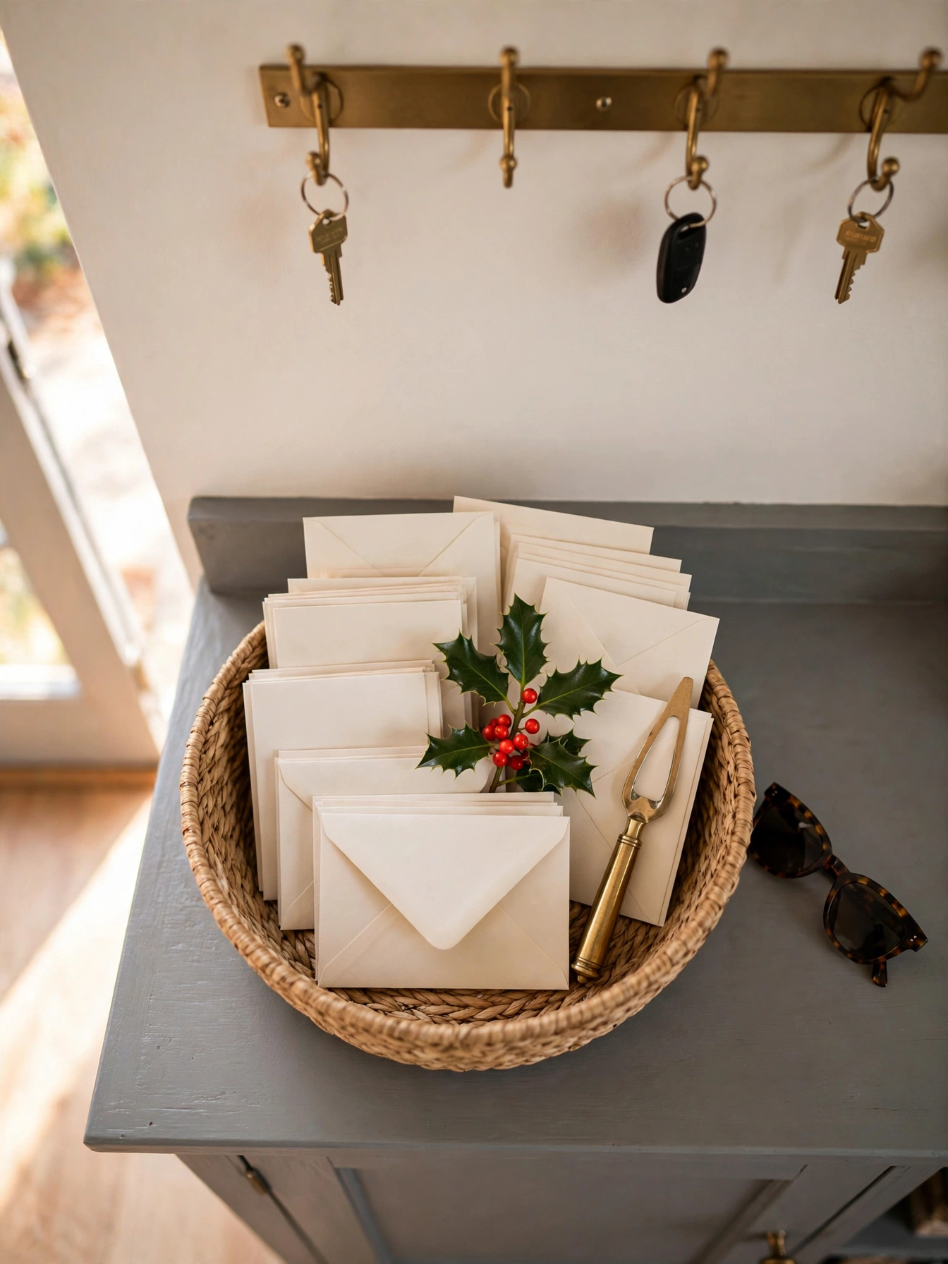 Christmas entryway table decor ideas 2026: shallow woven basket holding holiday cards and letters on a gray console