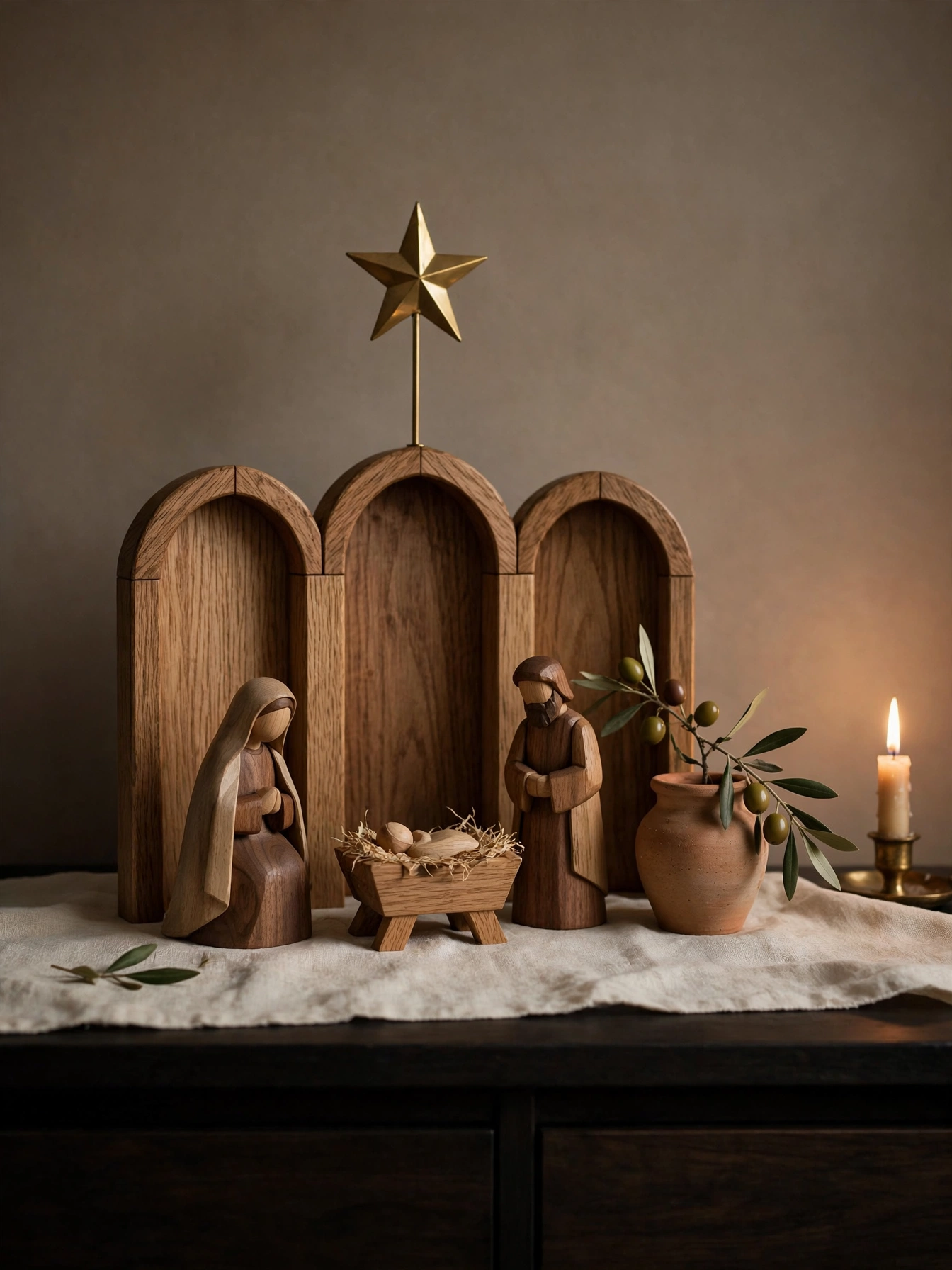 Christmas entryway table decor ideas 2026: compact wooden nativity set with oak and walnut figures on a linen runner over a dark console