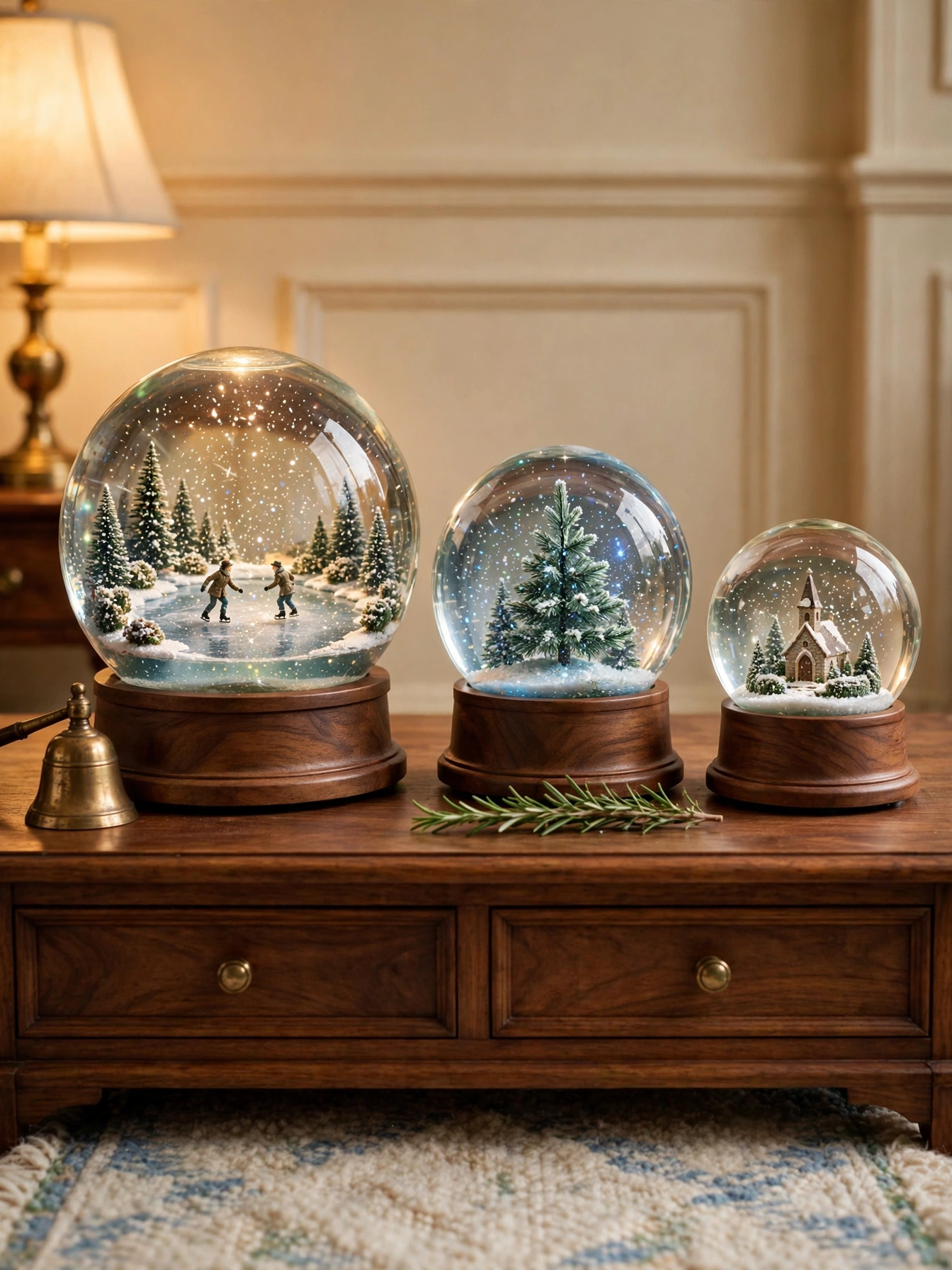Christmas entryway table decor ideas 2026: three snow globes with a church, a pine tree, and a skating pond on a walnut console