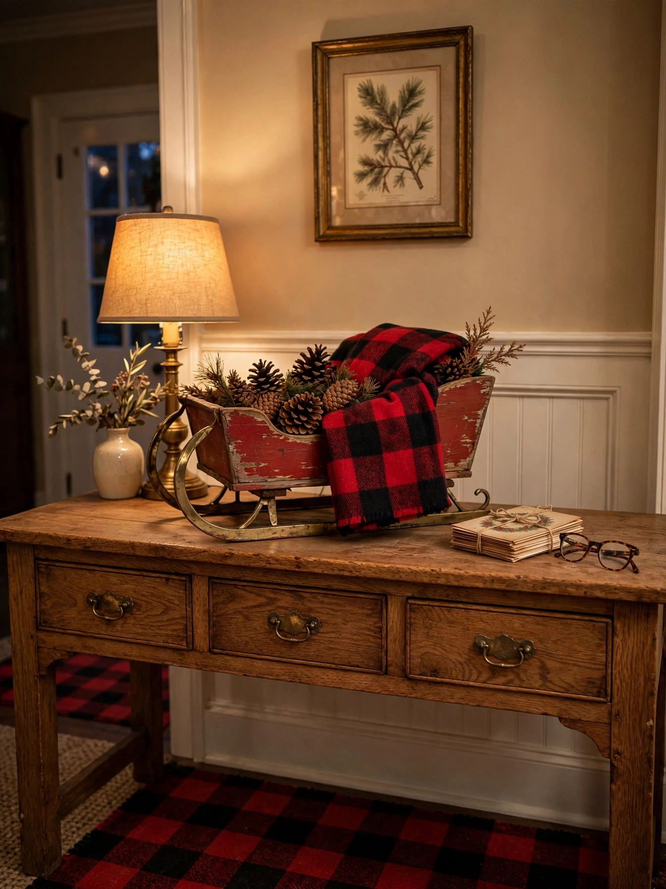 Christmas entryway table decor ideas 2026: miniature distressed red wooden sleigh filled with pinecones and a plaid blanket on an oak console
