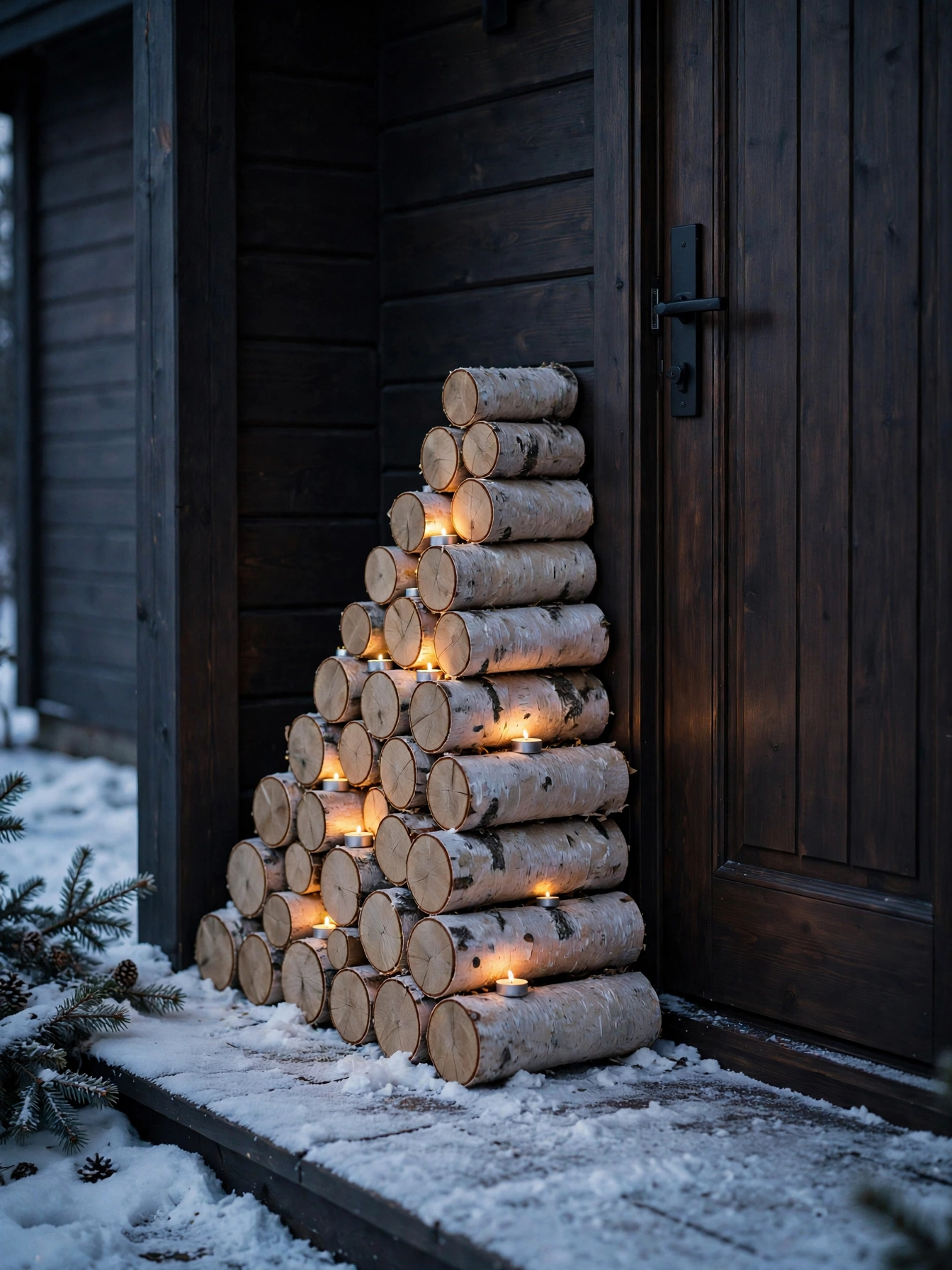 Stack of white birch logs beside a snowy front door, one of the simplest christmas front door decor ideas 2026 for a Nordic porch