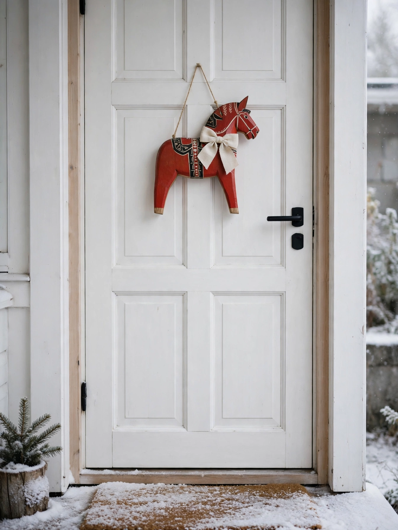 Red dala horse door hanger on a white front door with snow, a Swedish christmas front door decor ideas 2026 symbol