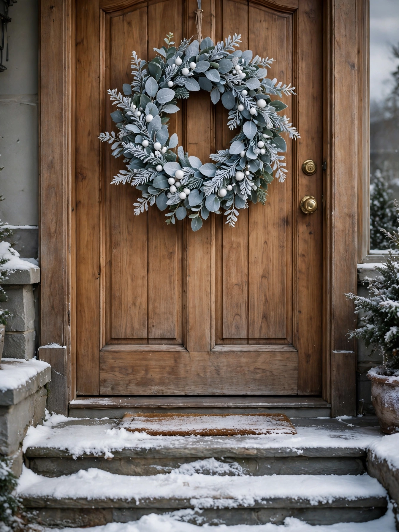 Frosted eucalyptus wreath with silver tones on a wooden door, a fresh christmas front door decor ideas 2026 idea