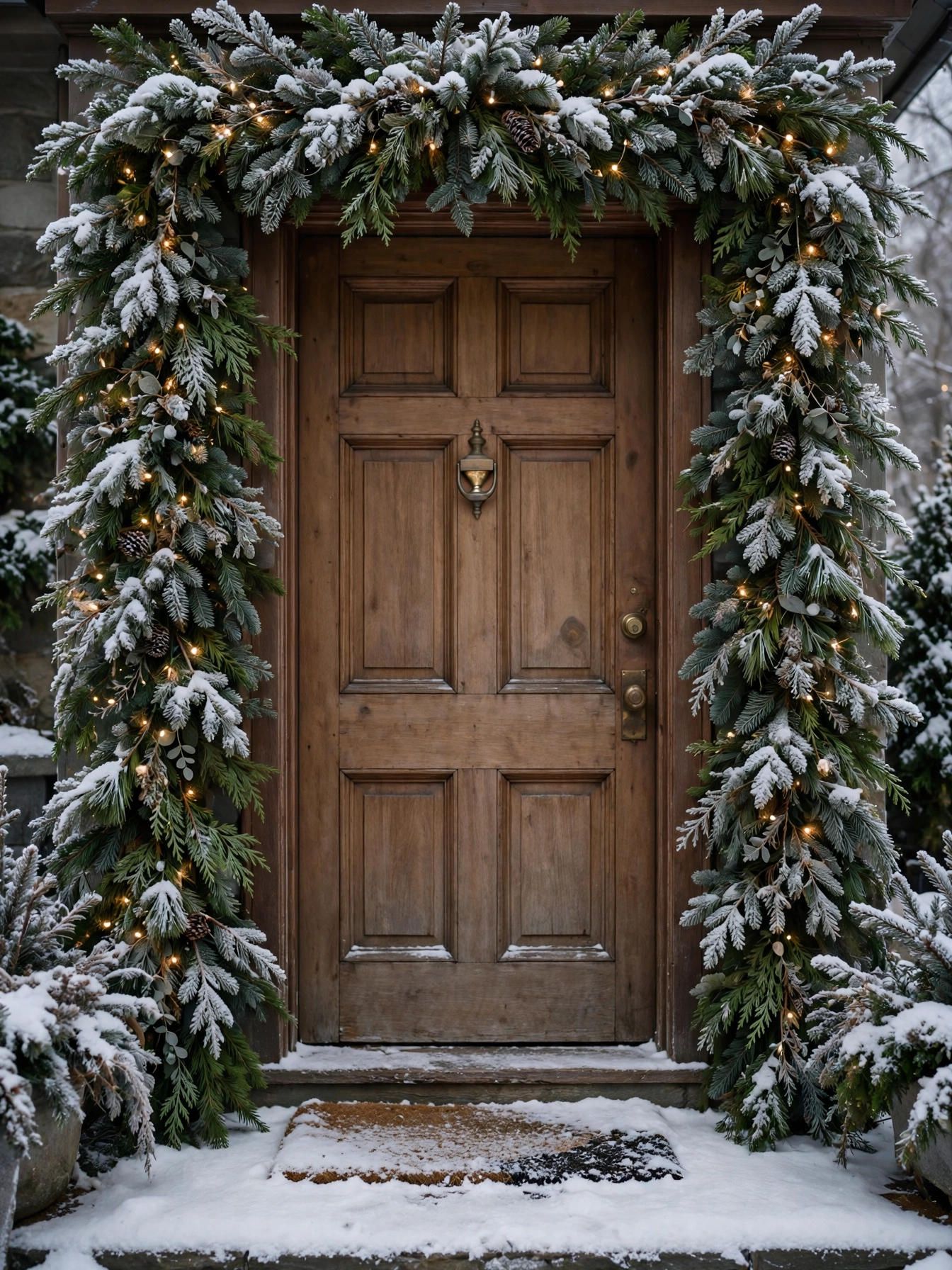 Frosted evergreen garland framing a wooden front door with snow, a classic christmas front door decor ideas 2026 treatment