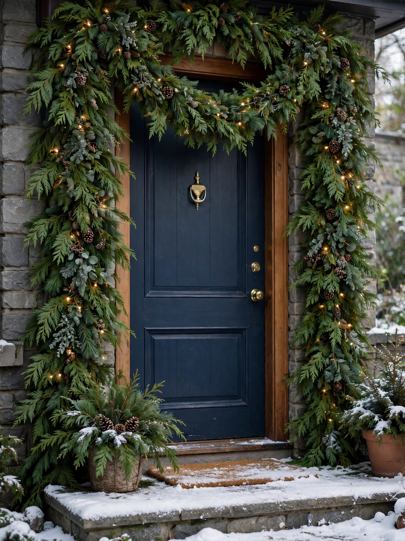Cedar garland wrapping a full front door frame with snow, a lush christmas front door decor ideas 2026 frame