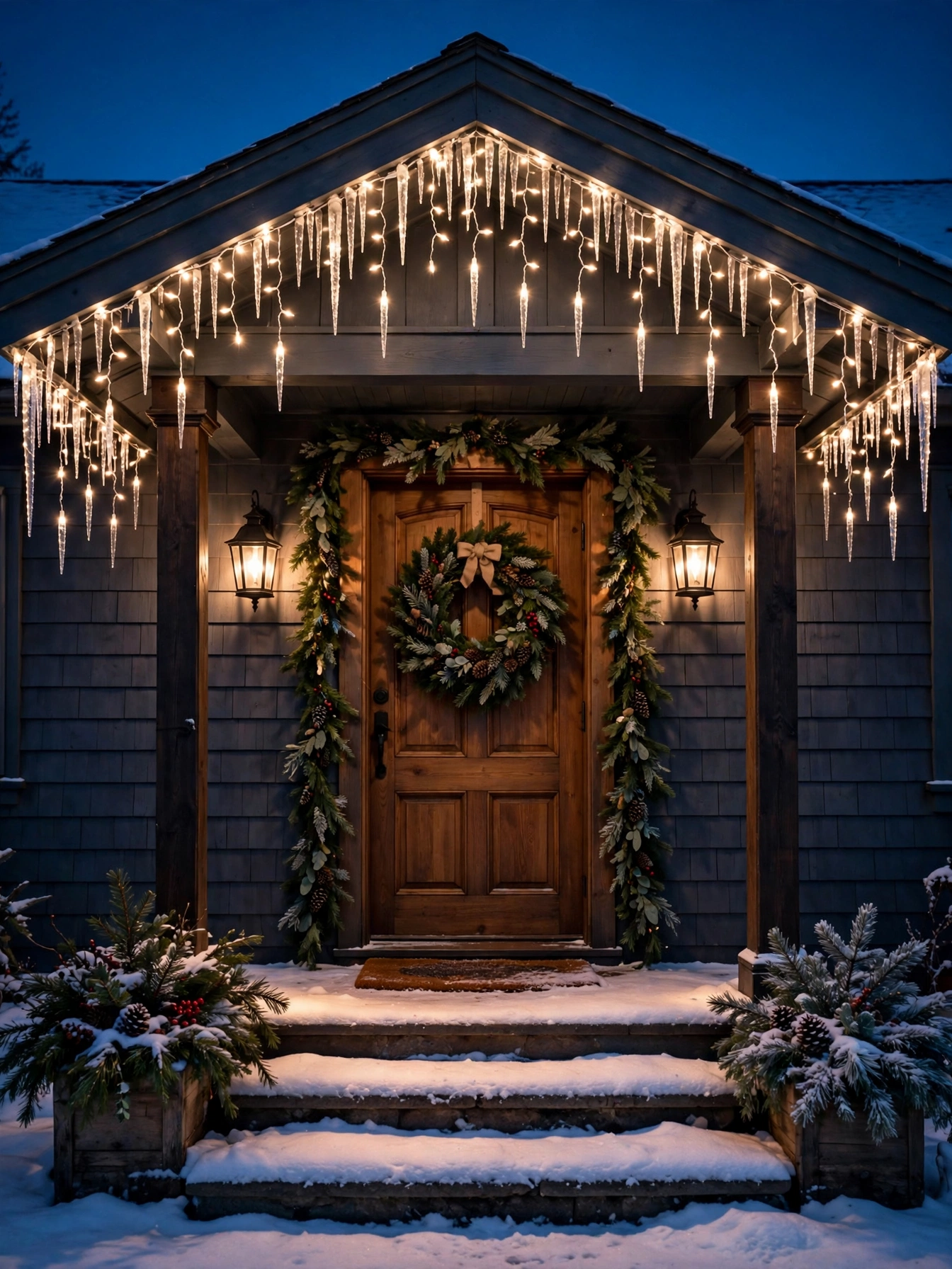 Icicle lights hanging over a snowy porch above a decorated door, a sparkling christmas front door decor ideas 2026 display