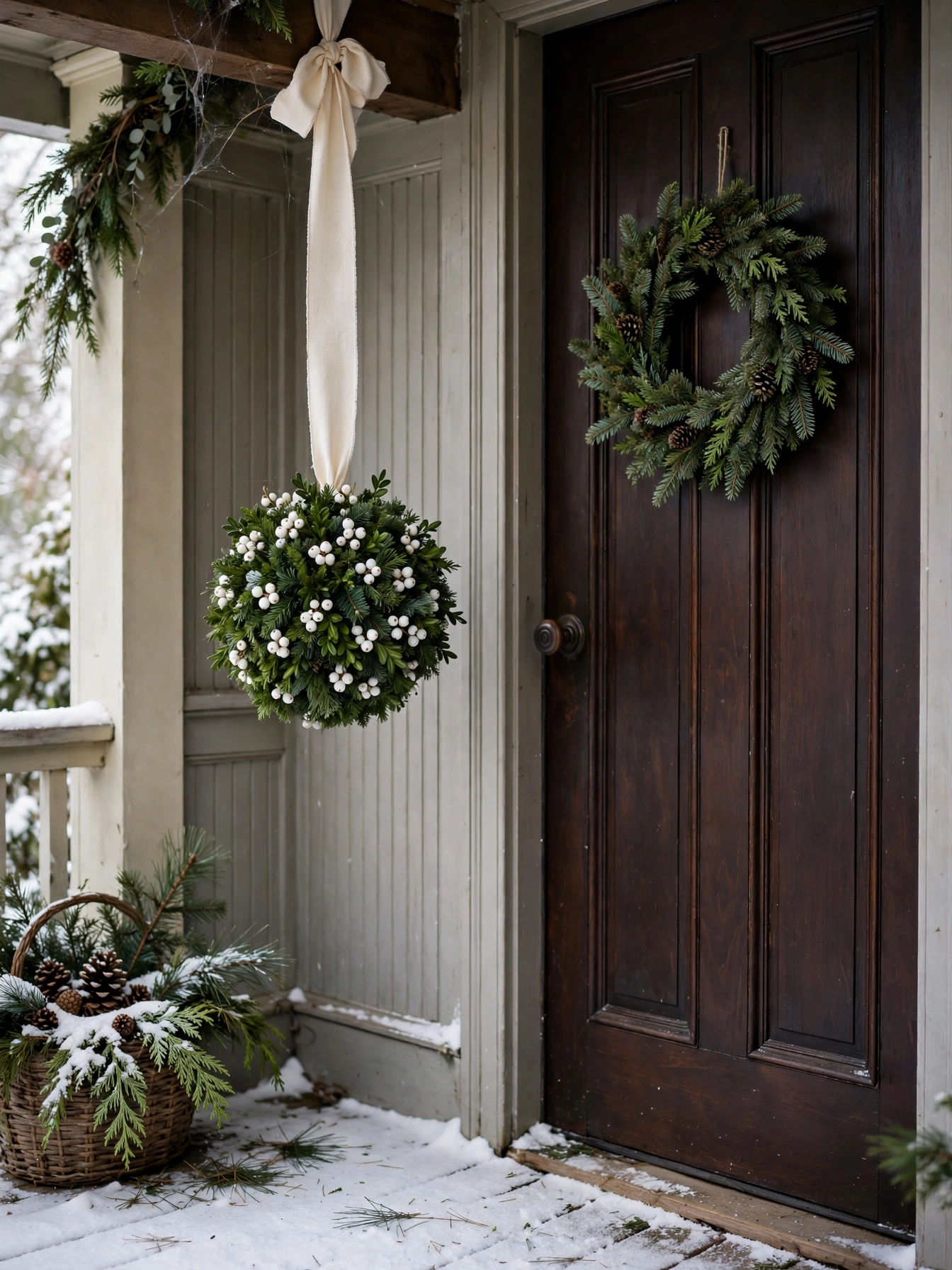 Evergreen kissing ball with white berries hanging by a front door, a charming christmas front door decor ideas 2026 hanging accent