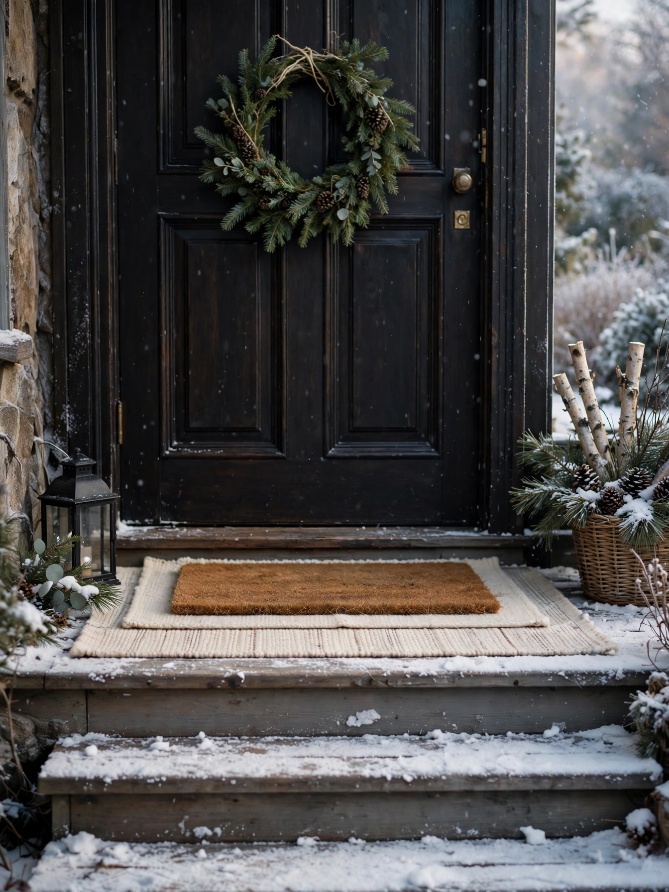 Layered wool and coir doormats on snowy porch steps, a cozy christmas front door decor ideas 2026 entry