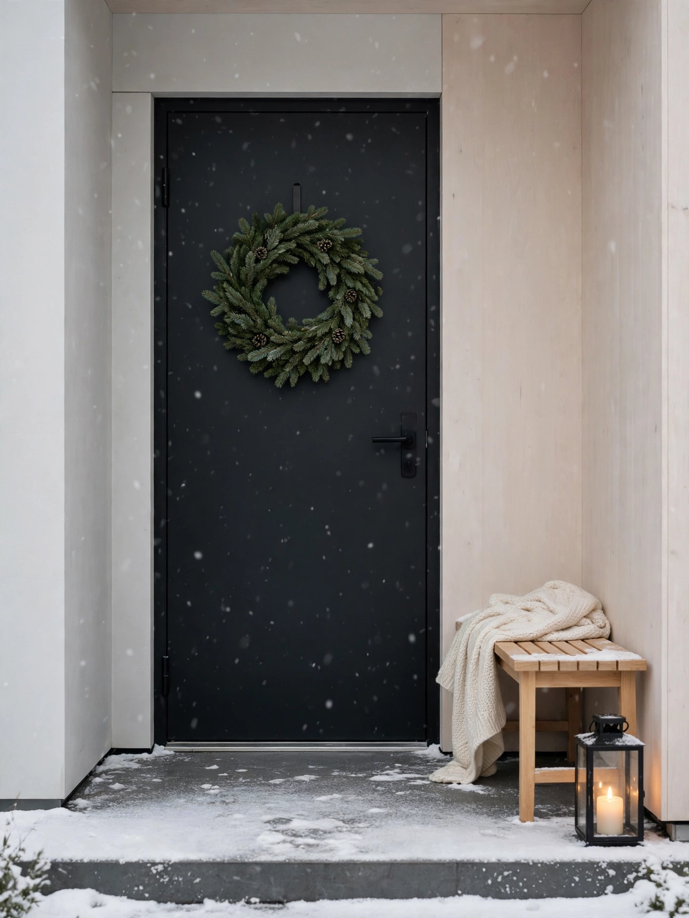 Ultra-minimalist Scandinavian front door with single wreath and birch, a calm christmas front door decor ideas 2026 look