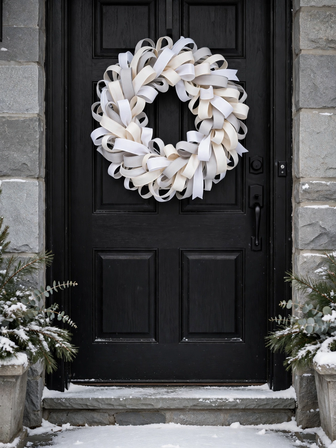 White and cream ribbon wreath on a black front door with snow, a chic christmas front door decor ideas 2026 accent