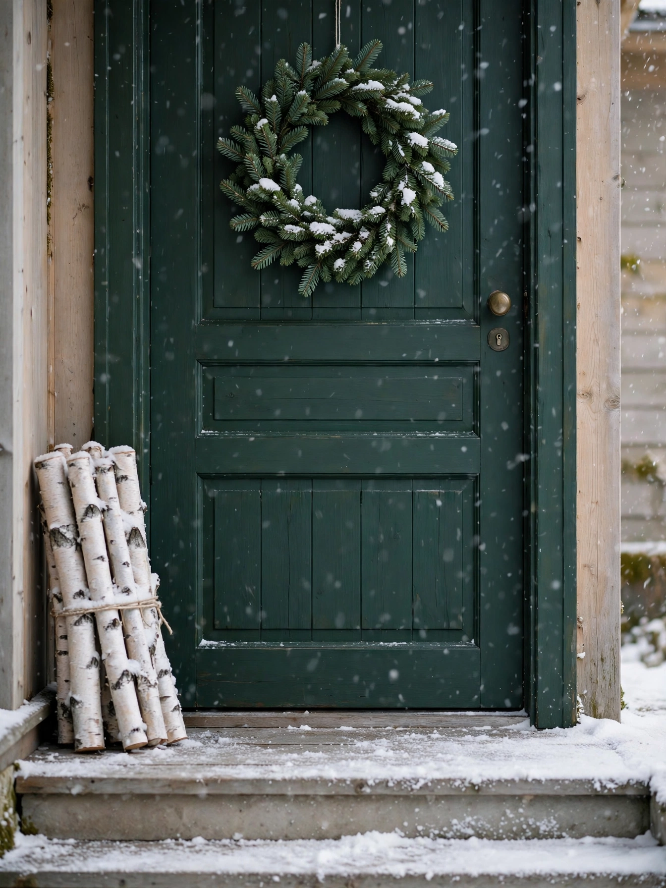 Nordic pine wreath dusted with snow on a green front door, a timeless christmas front door decor ideas 2026 look