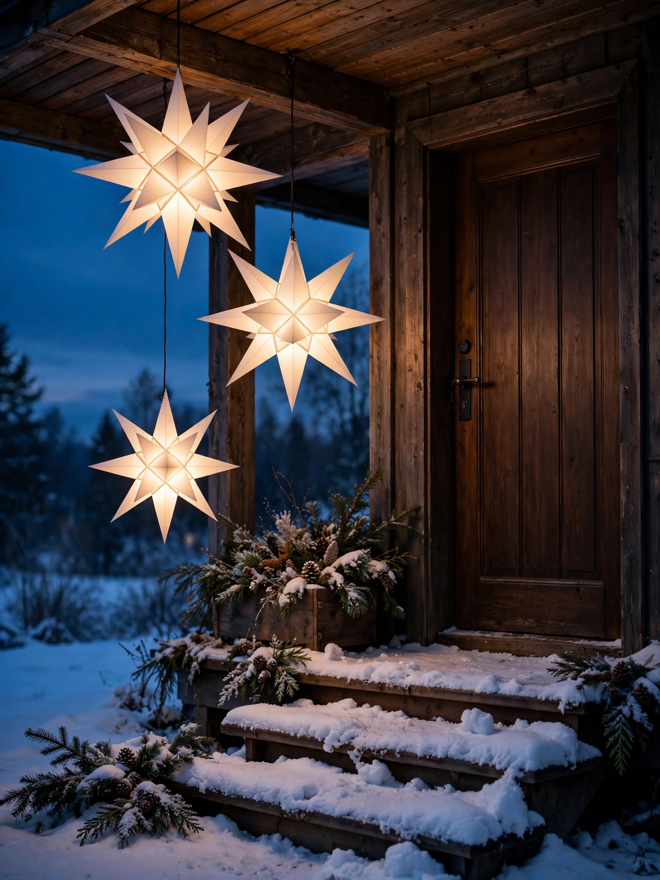 Glowing paper star lanterns hanging on a snowy porch, a Scandinavian christmas front door decor ideas 2026 classic
