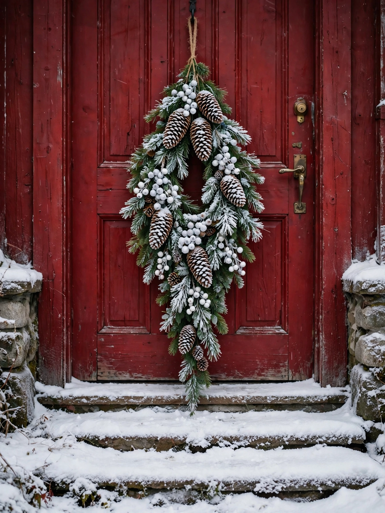 Teardrop pine cone swag with snow on a red front door, a rustic christmas front door decor ideas 2026 accent