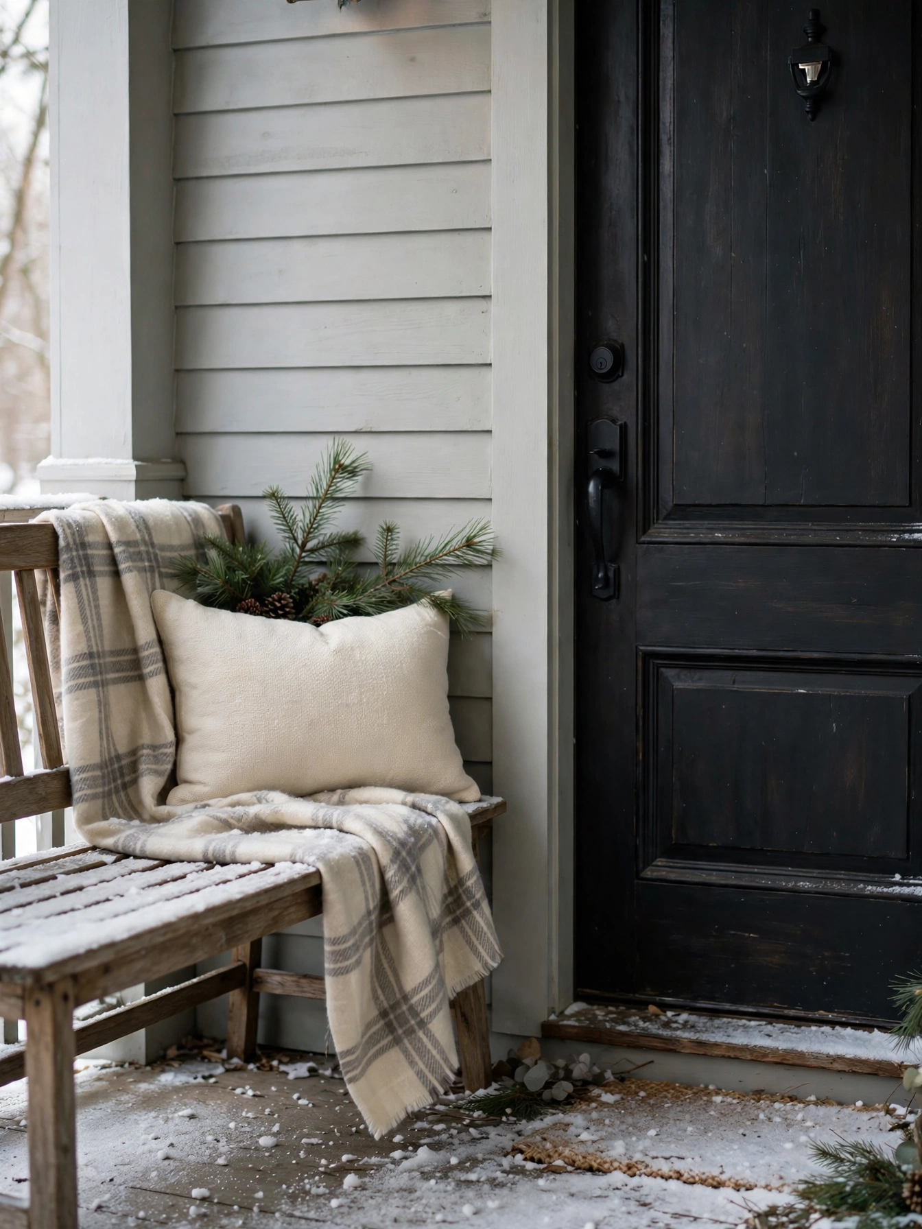 Wooden bench with plaid throw and pine sprigs on a snowy porch, a cozy christmas front door decor ideas 2026 nook