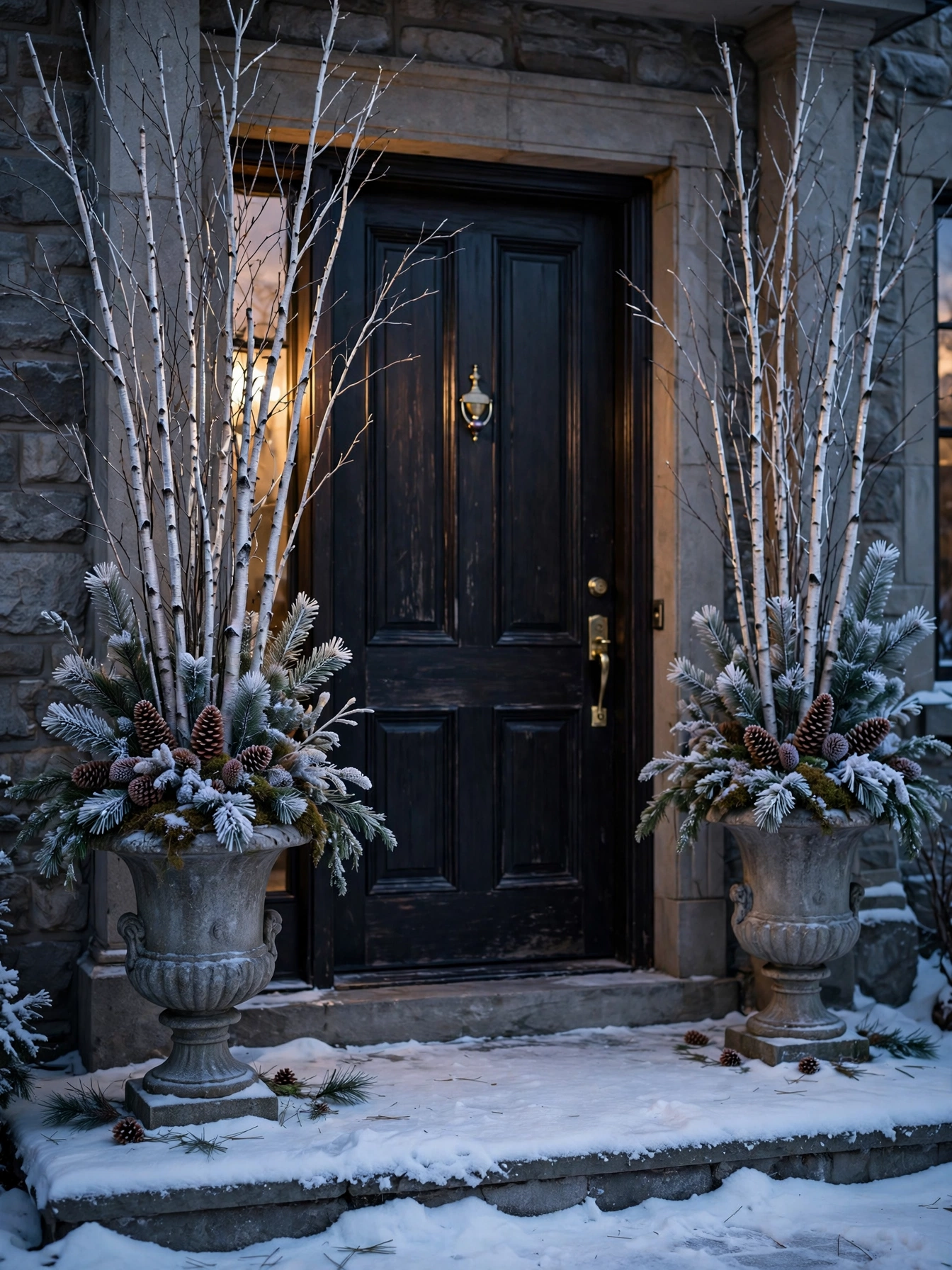 Tall urn planters with silver birch branches and snow by a front door, an elegant christmas front door decor ideas 2026 display