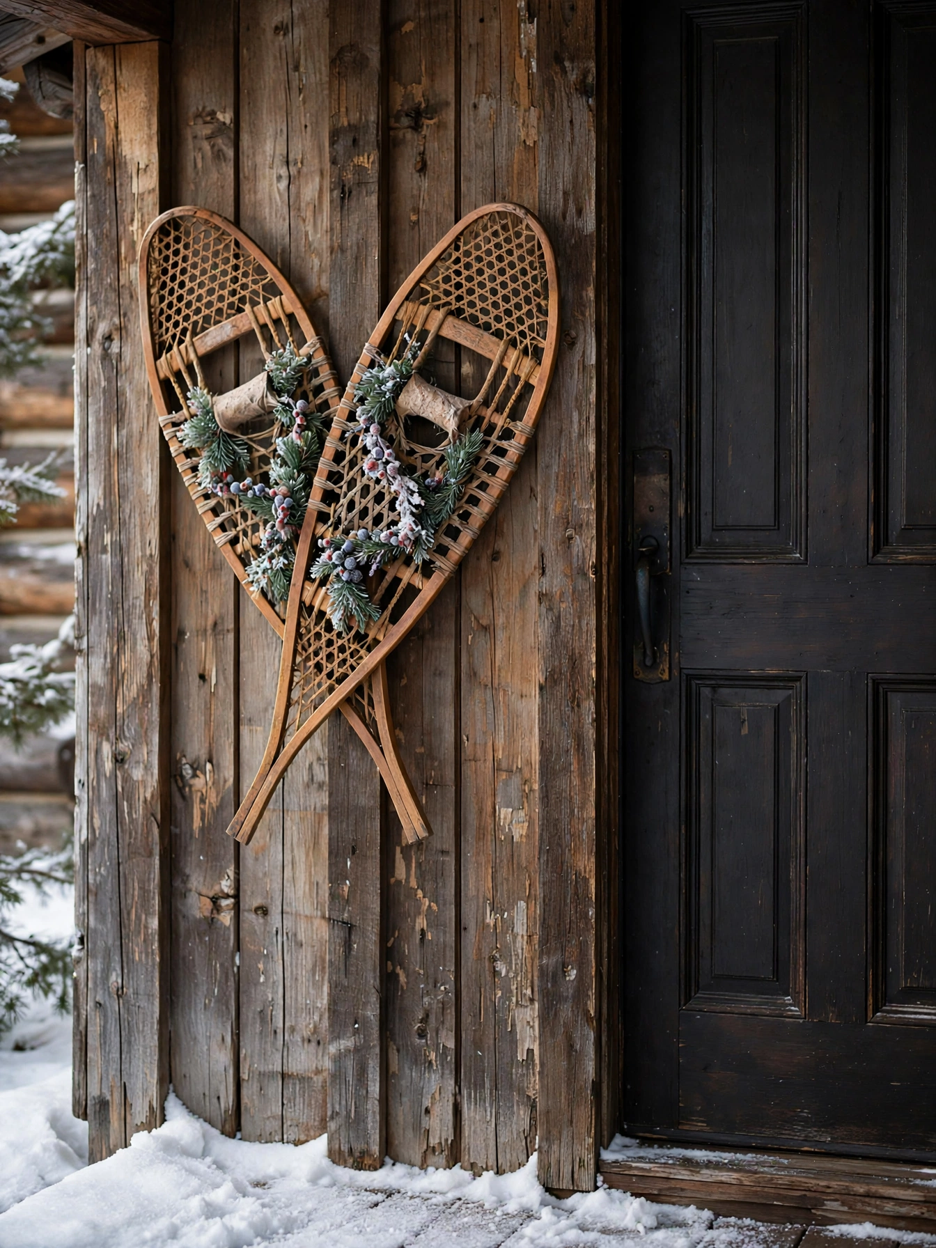 Vintage snowshoes hung on a porch wall beside a decorated door, a lodge-style christmas front door decor ideas 2026 look
