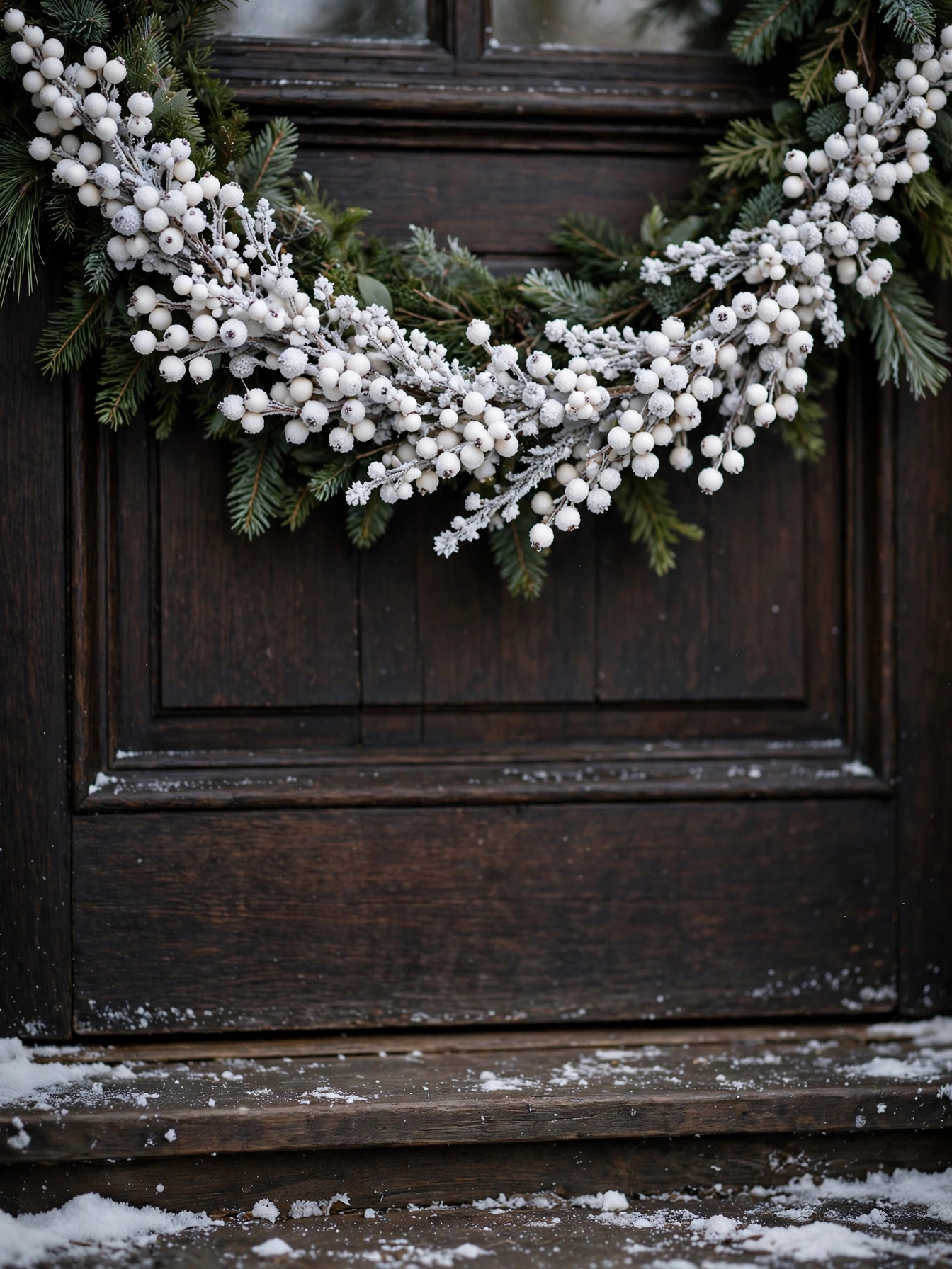 White berry swag draped on a frosted front door, a delicate christmas front door decor ideas 2026 detail