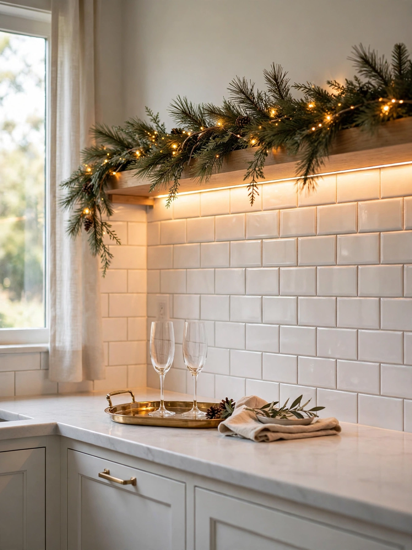 White subway tile backsplash glowing under warm LED strips with a pine garland above, a cozy entry in christmas kitchen decor ideas 2026