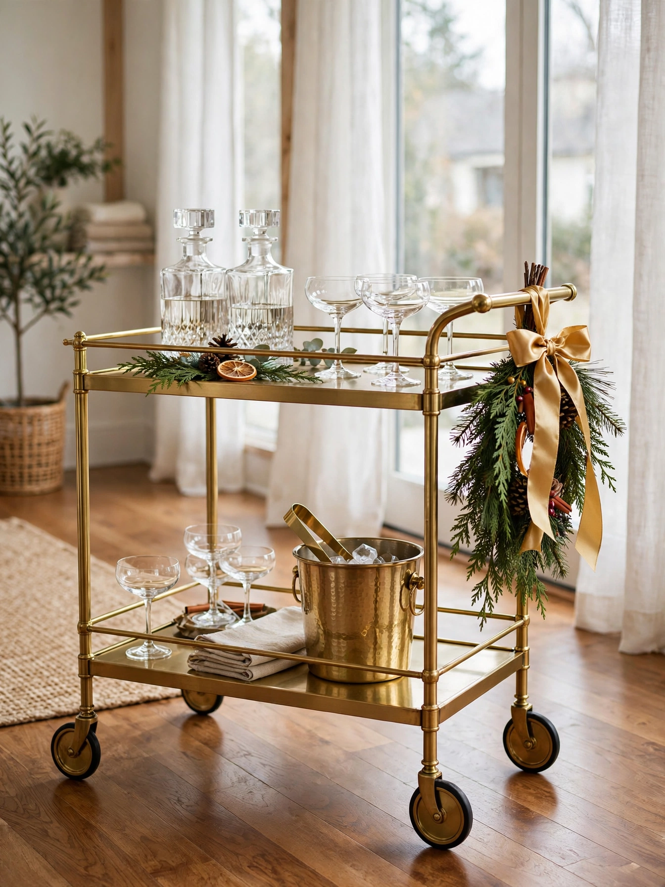 Brass bar cart styled with decanters, coupe glasses and a pine bundle, a mobile star of christmas kitchen decor ideas 2026