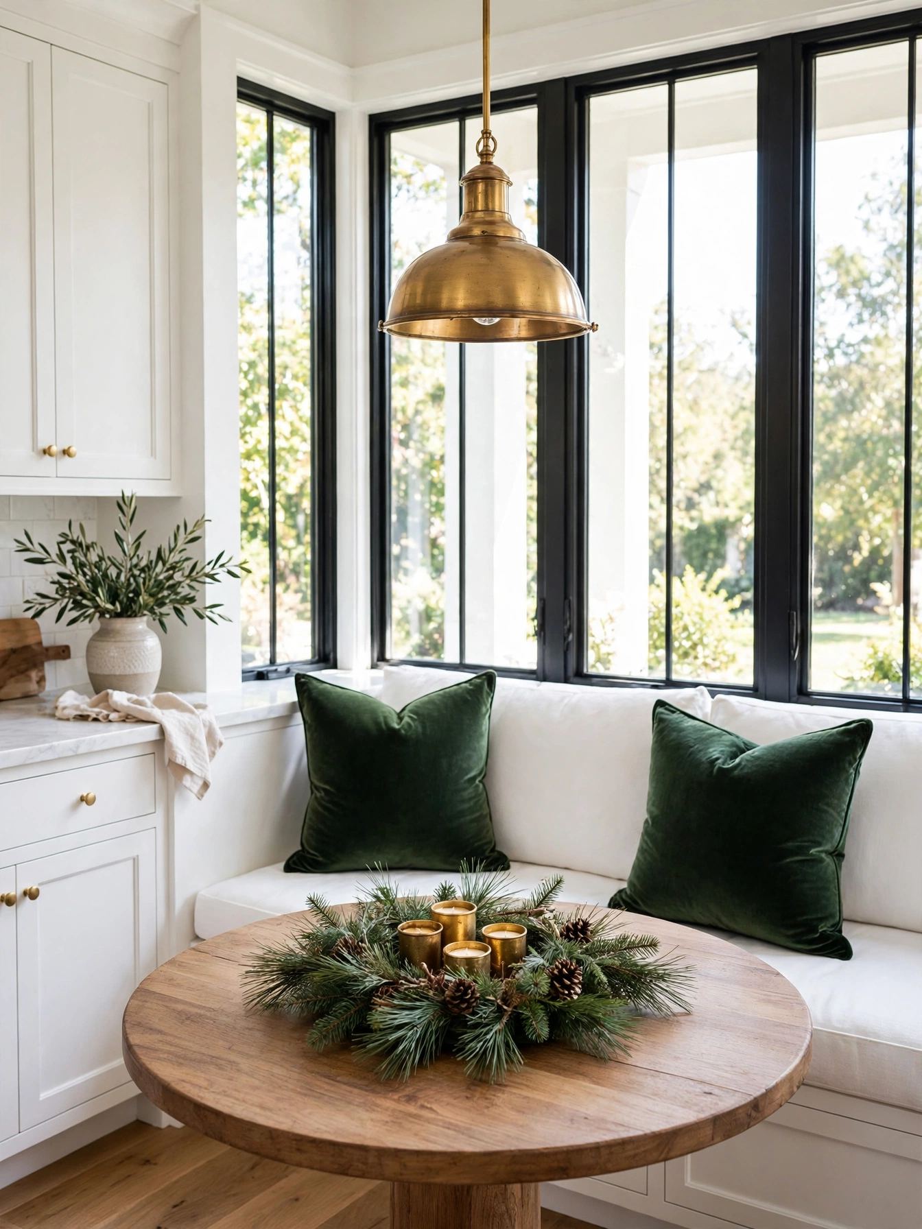 Breakfast nook with evergreen velvet cushions and a low pine centerpiece, a welcoming scene from christmas kitchen decor ideas 2026