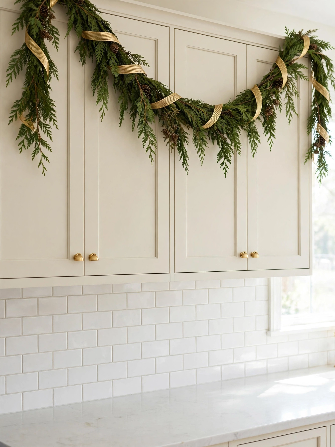 Fresh cedar garland with gold ribbon draped along cream shaker cabinets, a timeless pick among christmas kitchen decor ideas 2026