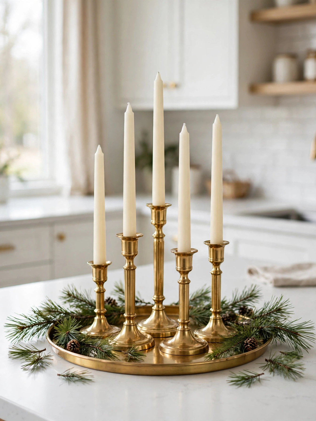 Cluster of brass candlesticks with ivory tapers on a round tray, a warm classic among christmas kitchen decor ideas 2026