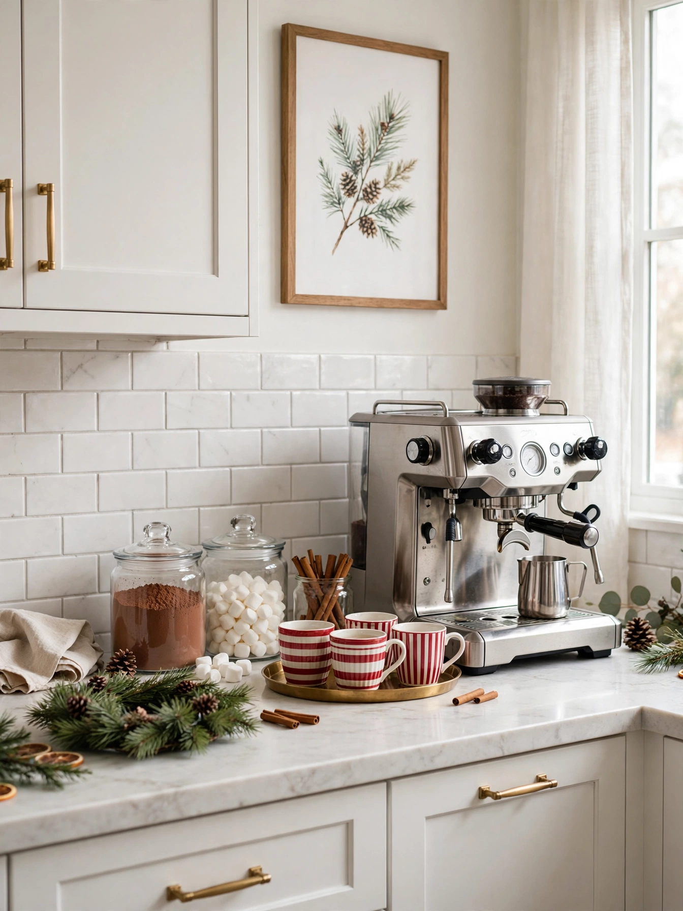 Holiday coffee station with brass tray, striped mugs and cocoa canisters, a hardworking idea from christmas kitchen decor ideas 2026