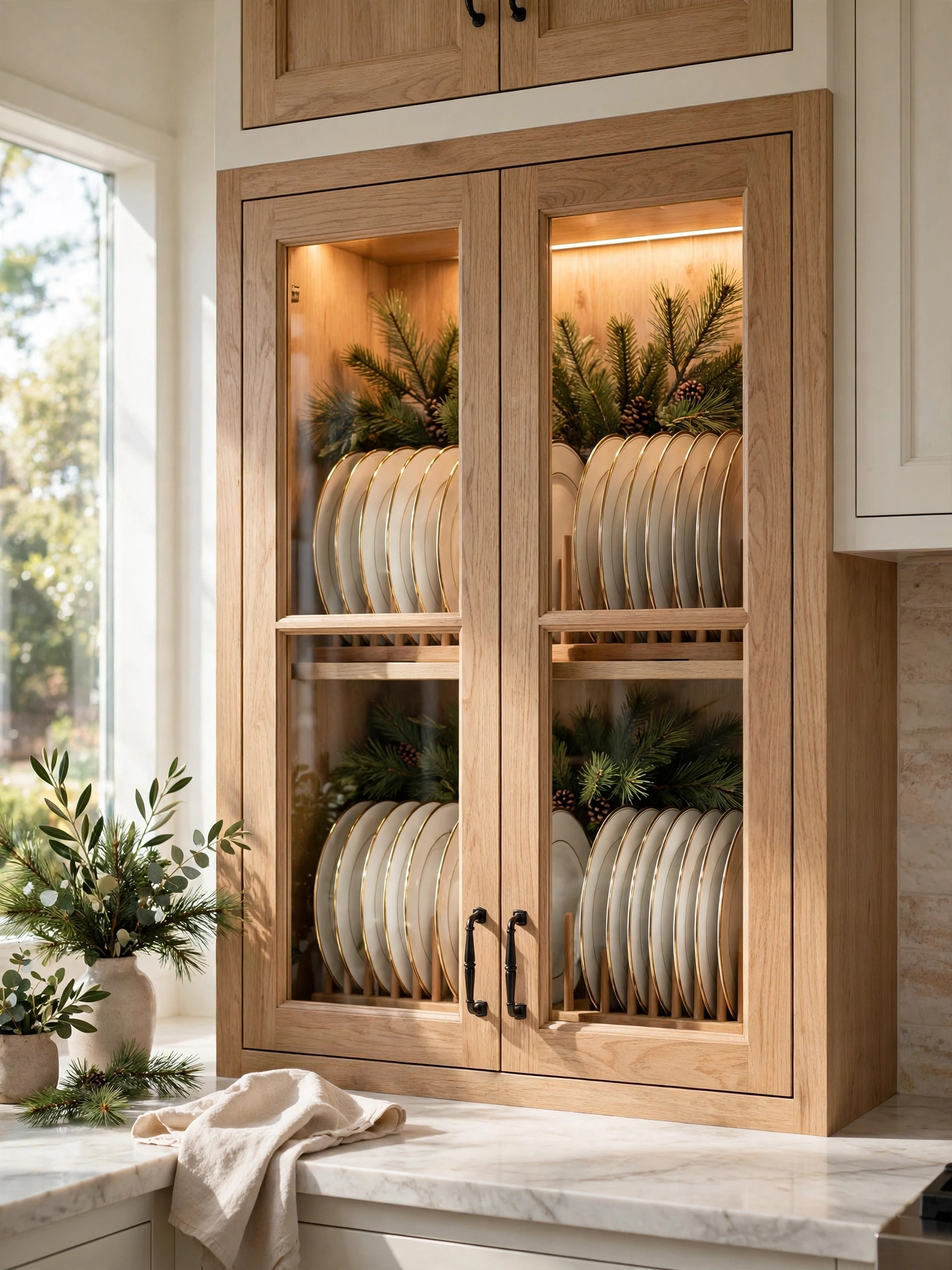 Glass-front cabinet glowing with gold-rimmed plates and pine sprigs, an elegant display in christmas kitchen decor ideas 2026