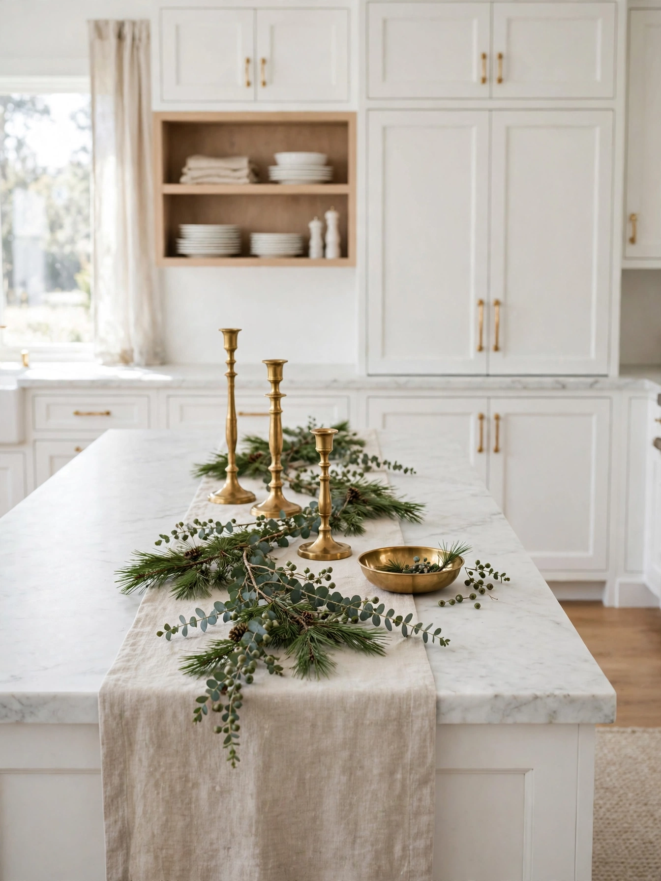 Pine and eucalyptus runner with brass candlesticks down a marble island, one of the most elegant christmas kitchen decor ideas 2026