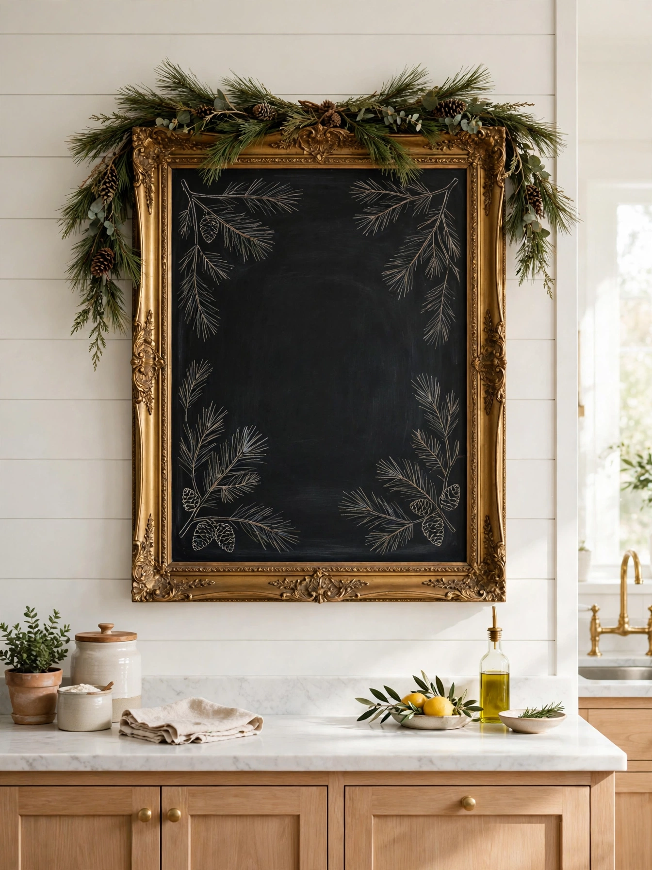 Framed chalkboard menu with pine swag on a kitchen wall, a personal touch from christmas kitchen decor ideas 2026