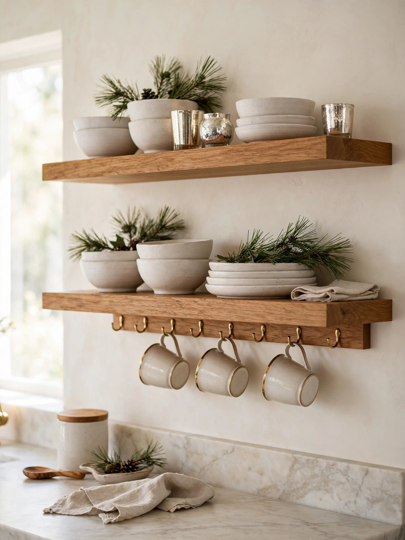 Open wood shelves styled with gold-rimmed mugs and pine sprigs, a practical take on christmas kitchen decor ideas 2026