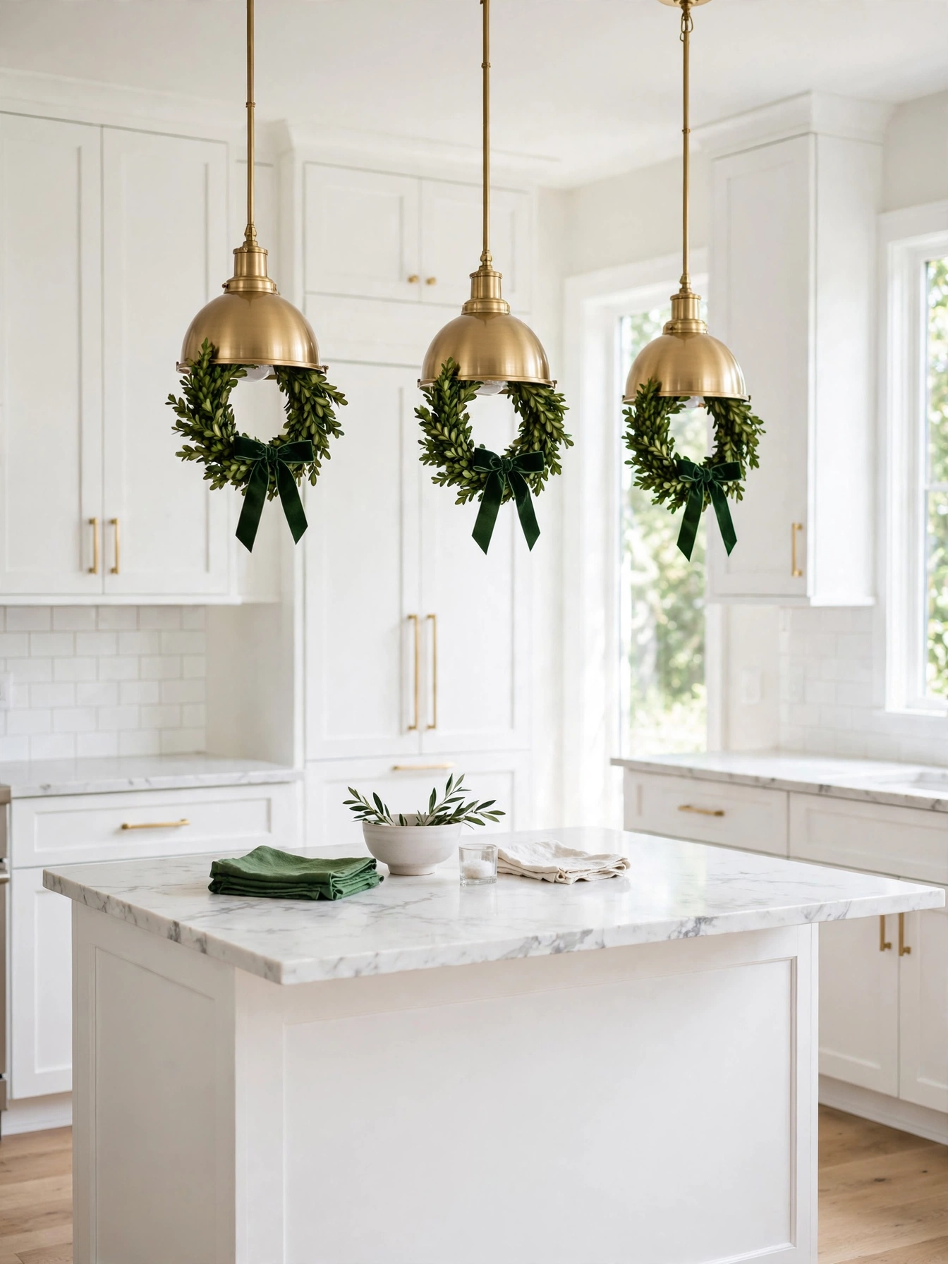 Brass pendant lights dressed with small boxwood wreaths and green velvet ribbon, a charming detail from christmas kitchen decor ideas 2026