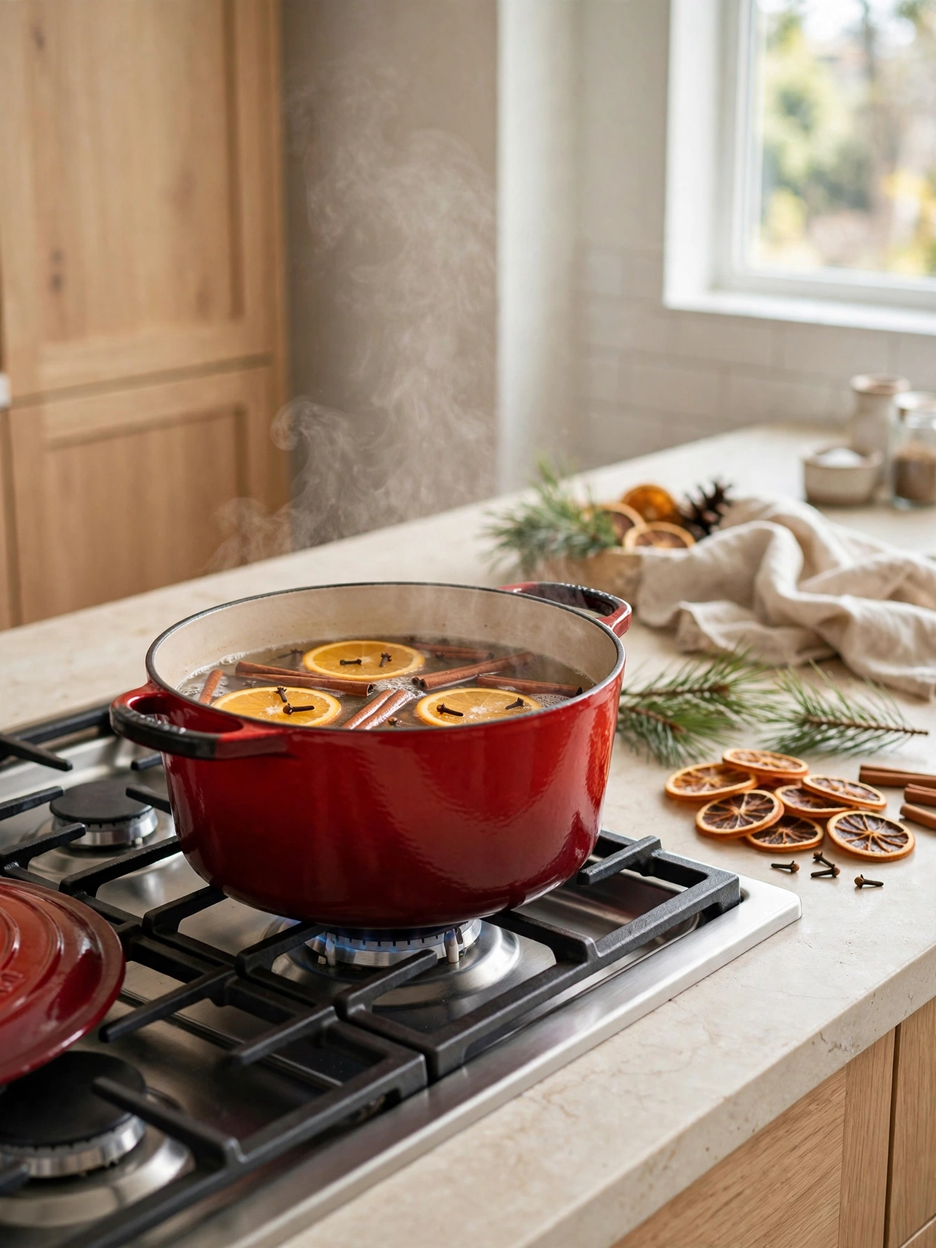 Red Dutch oven simmering oranges and cinnamon on a stovetop, a sensory favorite from christmas kitchen decor ideas 2026