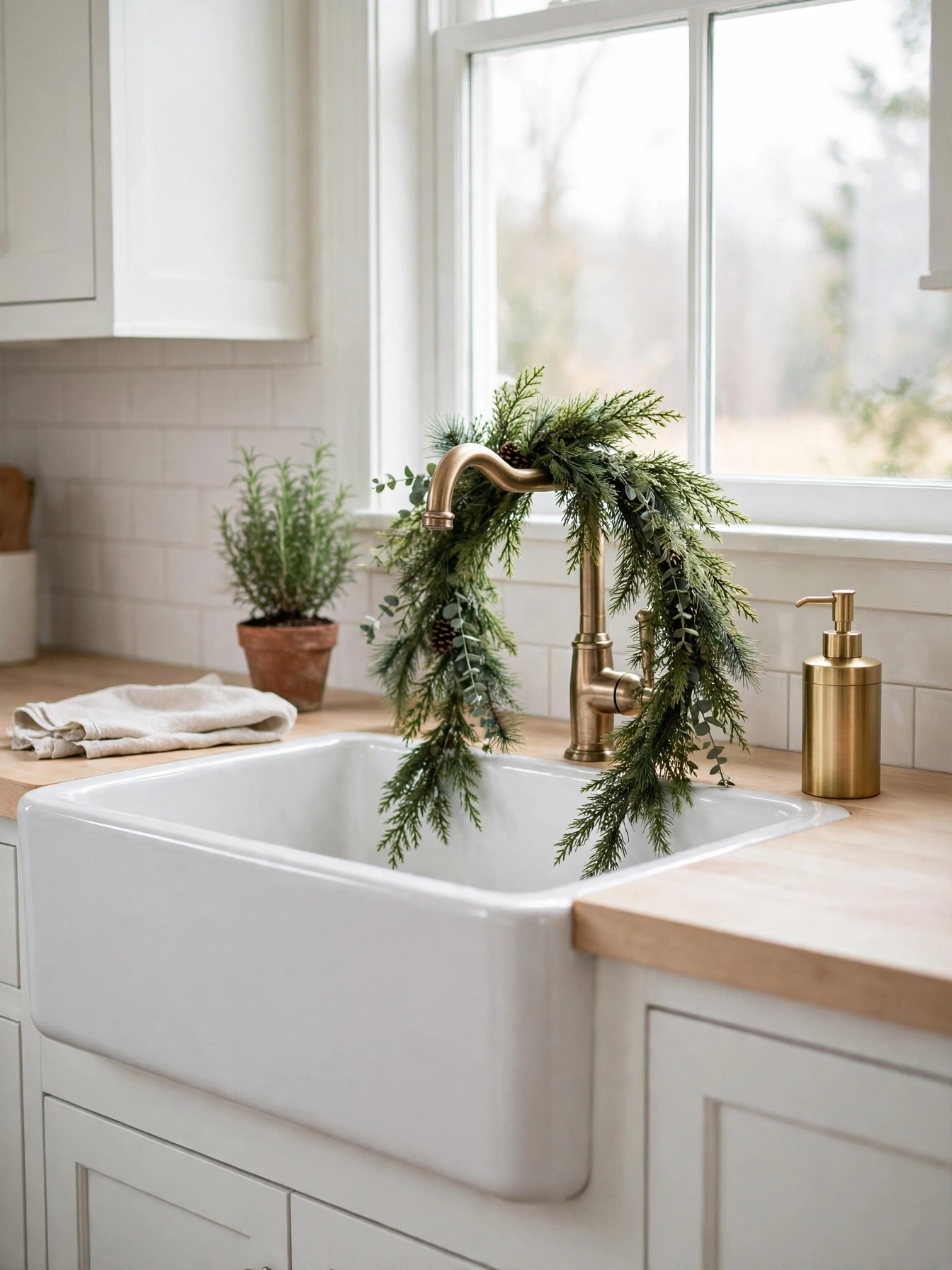 Farmhouse sink with cedar garland around a brass faucet and rosemary plant, a fresh detail in christmas kitchen decor ideas 2026
