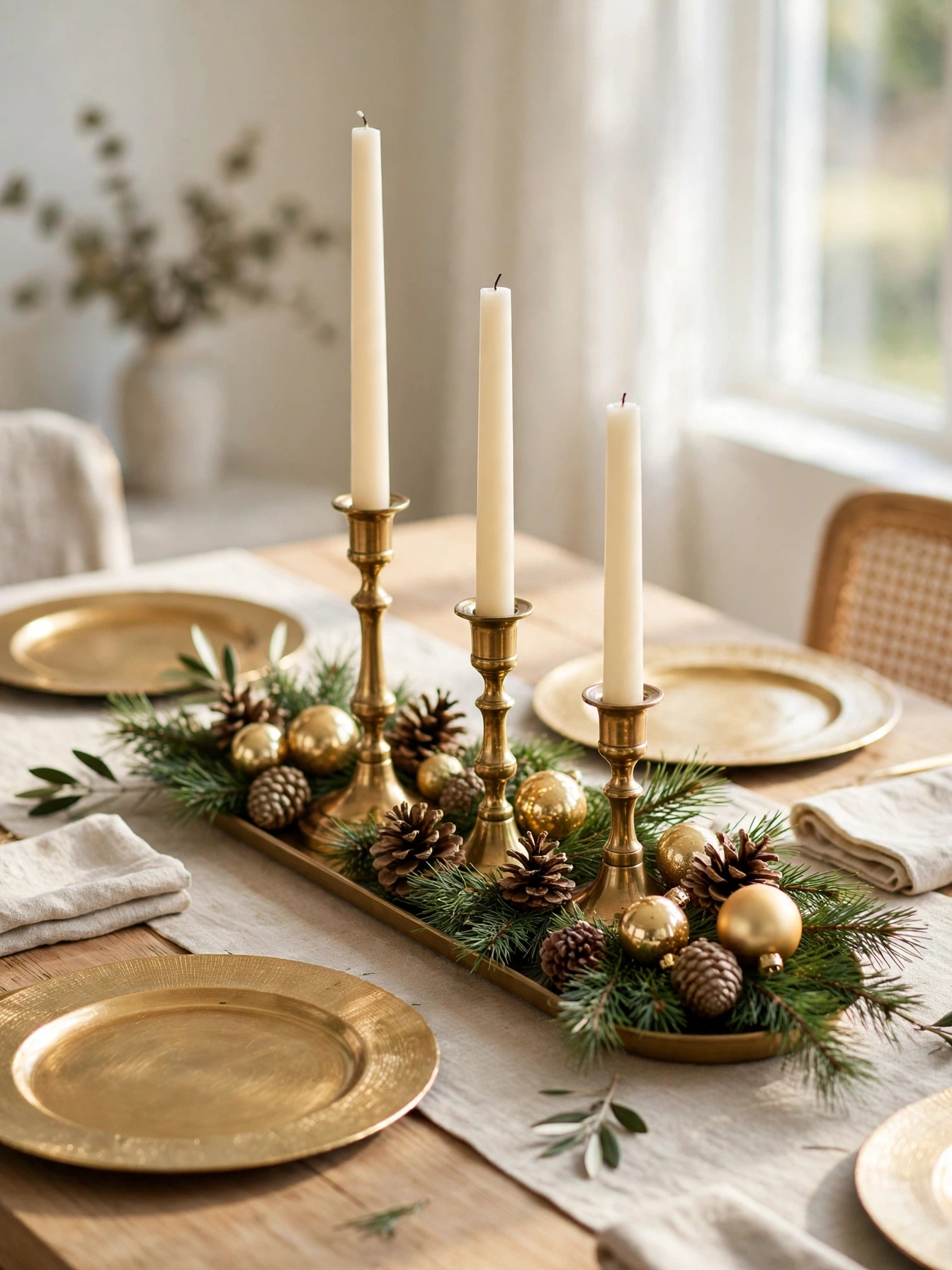 Brass tray centerpiece with candlesticks, pinecones and gold ornaments, a festive highlight of christmas kitchen decor ideas 2026