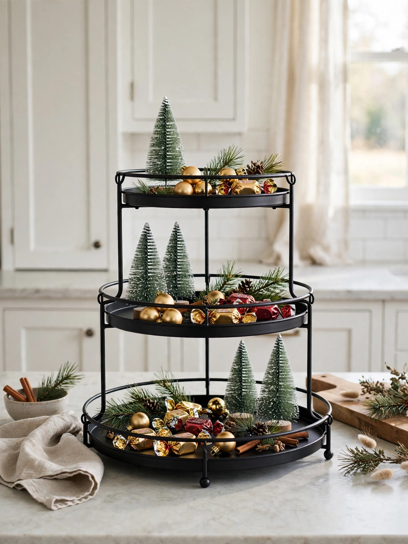 Three-tier tray with mini trees, gold ornaments and candies, a small-space hero of christmas kitchen decor ideas 2026