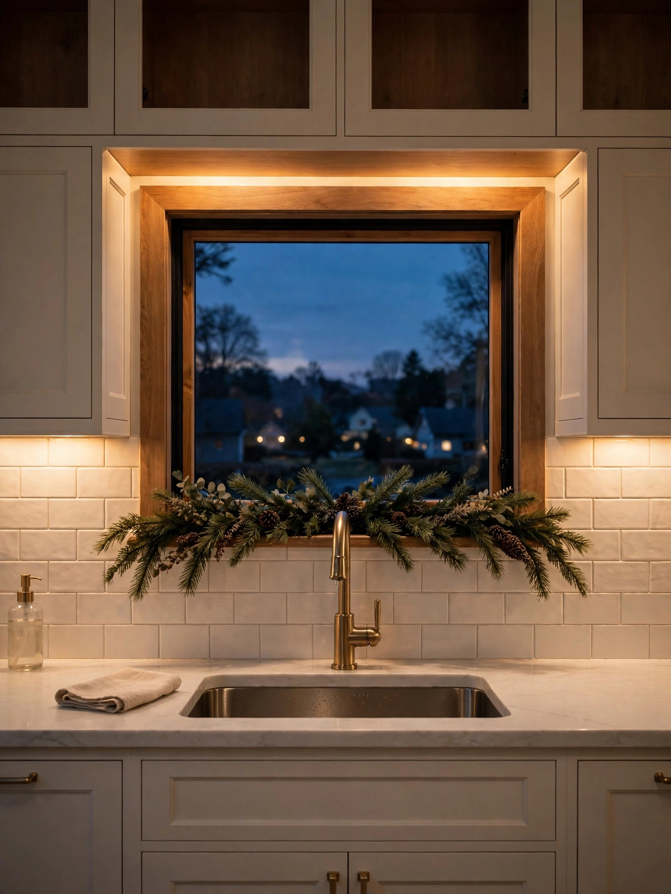 Kitchen at dusk with warm undercabinet glow and pine on the sill, a cozy finale to christmas kitchen decor ideas 2026