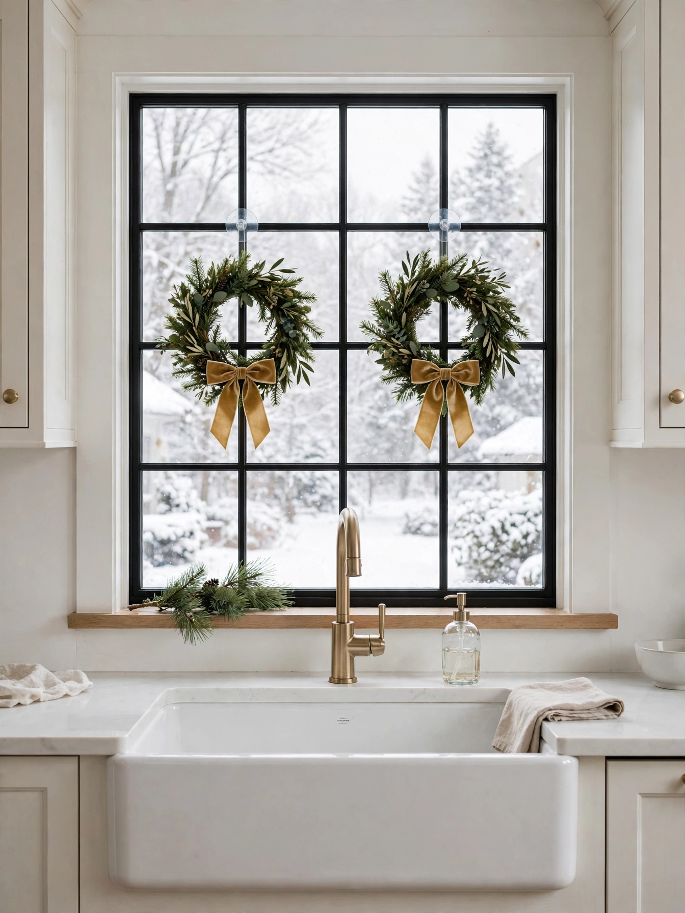 Two small evergreen wreaths with gold bows hanging on a kitchen window, a bright and simple christmas kitchen decor ideas 2026 accent