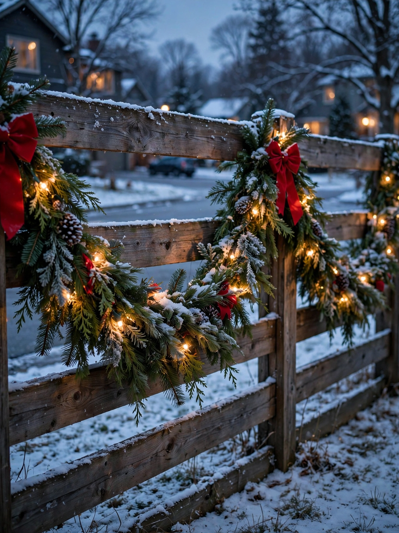 Wooden fence draped with lit evergreen swags and red bows at dusk, a graceful christmas outdoor decor ideas 2026 border