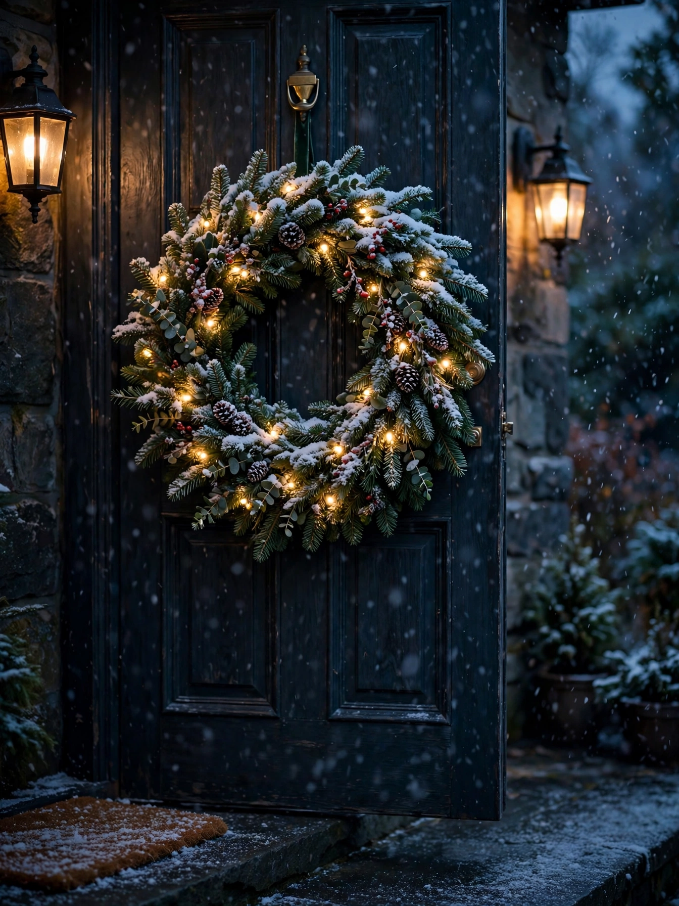 Snow-dusted fir wreath with warm lights on a front door, a classic christmas outdoor decor ideas 2026 look