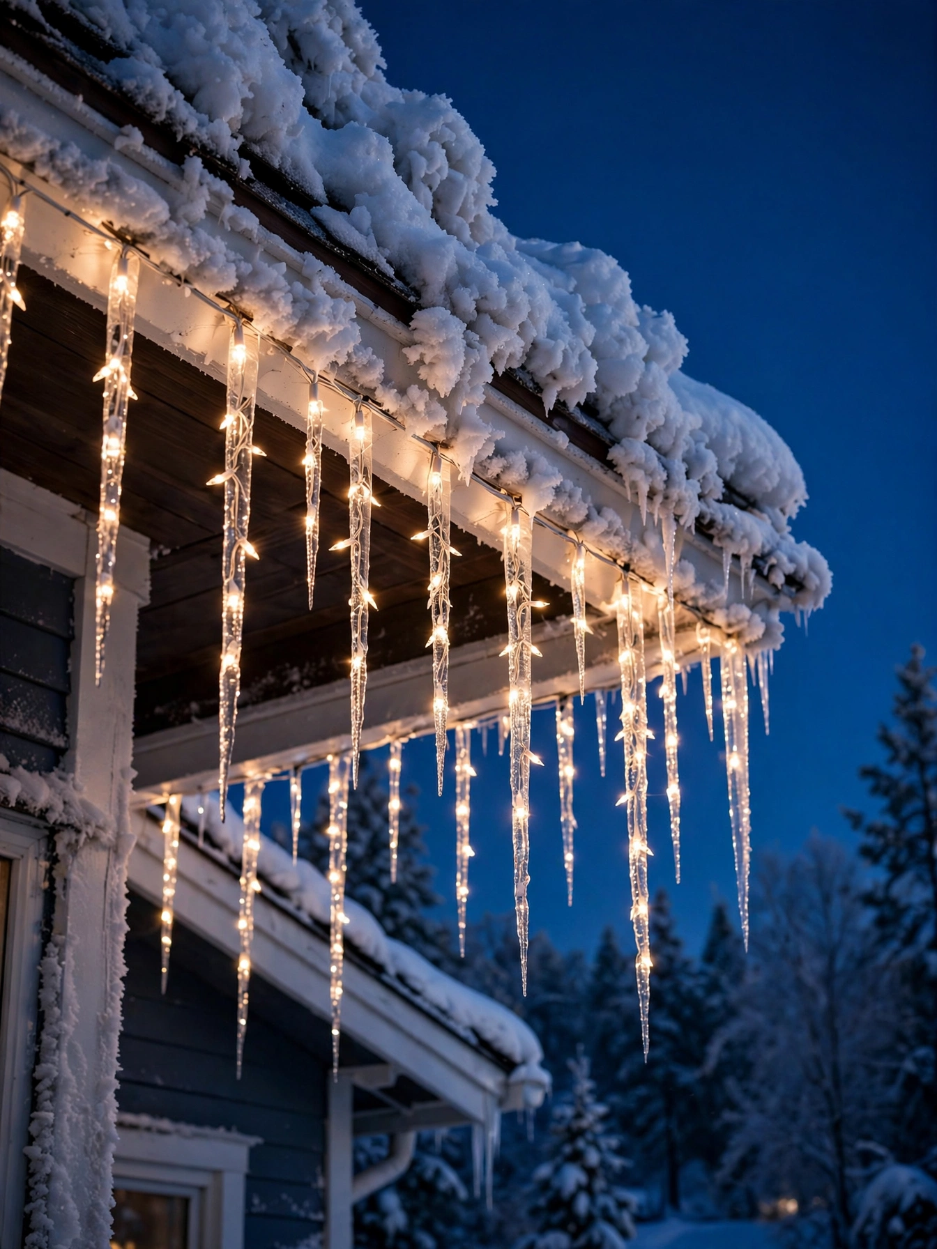 Icicle light strands hanging from a snow-covered roofline at night, a bright christmas outdoor decor ideas 2026 display