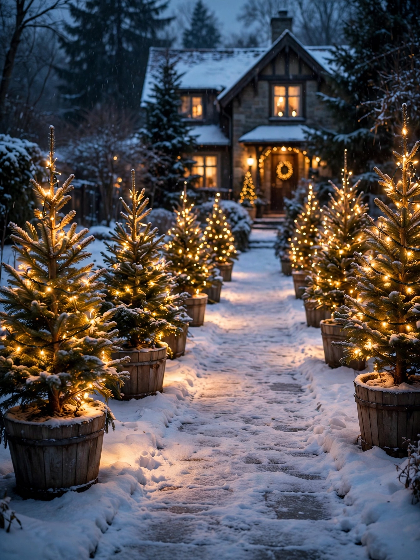 Potted evergreen trees wrapped in lights lining a snowy path at dusk, a magical christmas outdoor decor ideas 2026 walkway