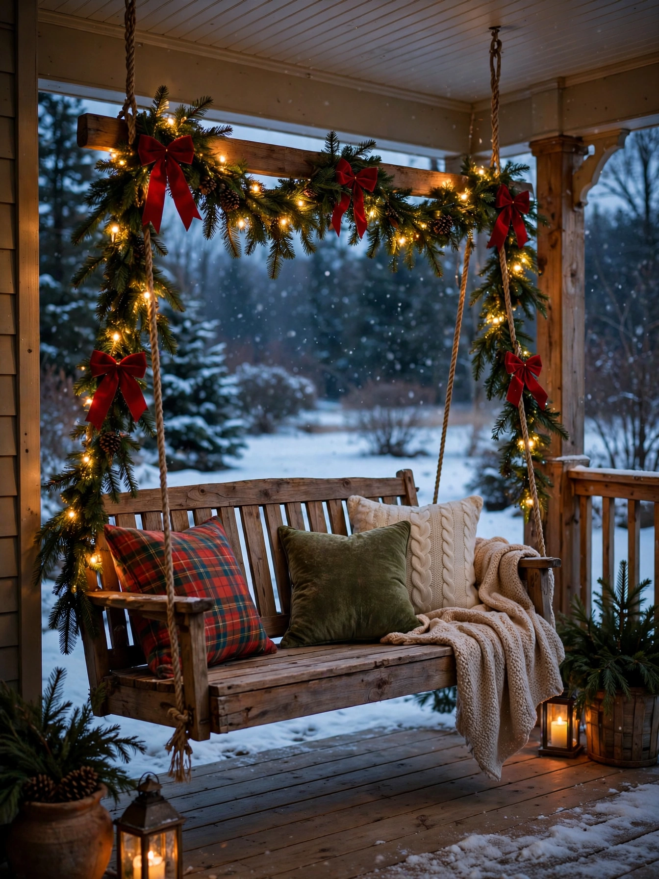 Wooden porch swing draped with lit evergreen garland and red bows, a charming christmas outdoor decor ideas 2026 feature